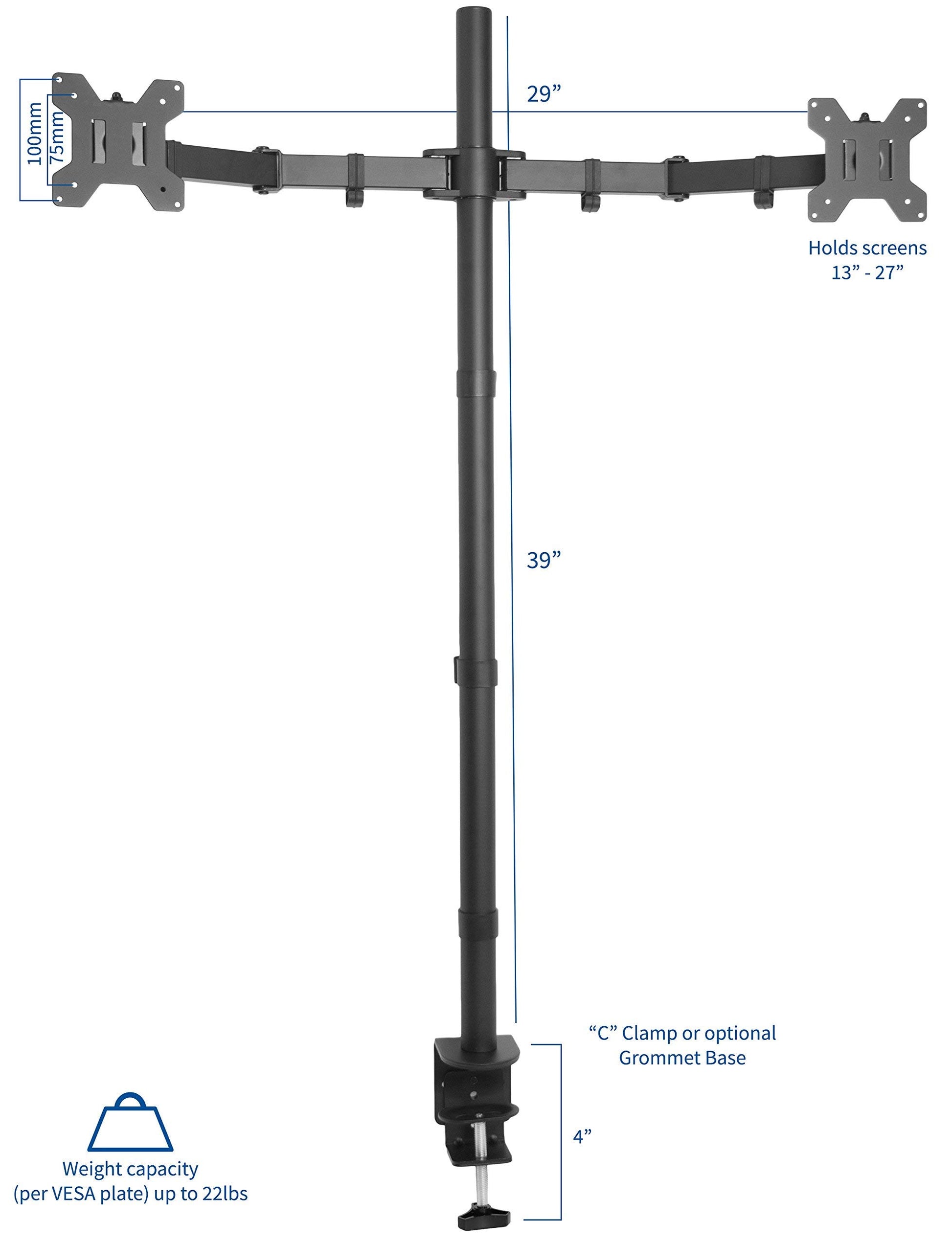 Soporte de Computadora VIVO Negro Extra Alto para Monitor Dual Ajustable hasta 27 Pulgadas