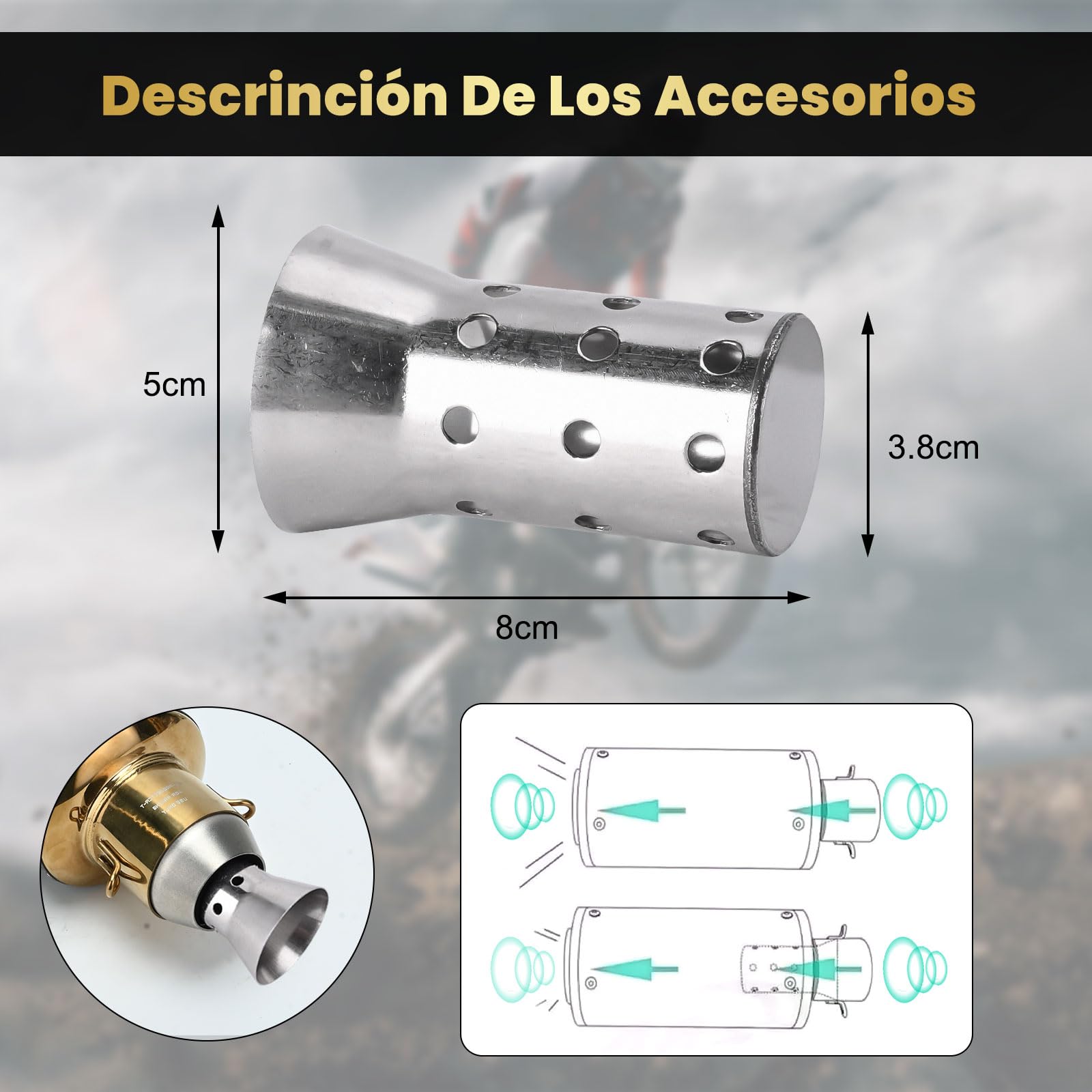 Kayoosi Escape de Moto Gold, Tubos de Silenciador de Escape Universal de 51mm, Tubo de Escape de Acero Inoxidable para Motos, Street Bikes, Dirt Bikes, Atvs Y Más, Scooters (Dorado)