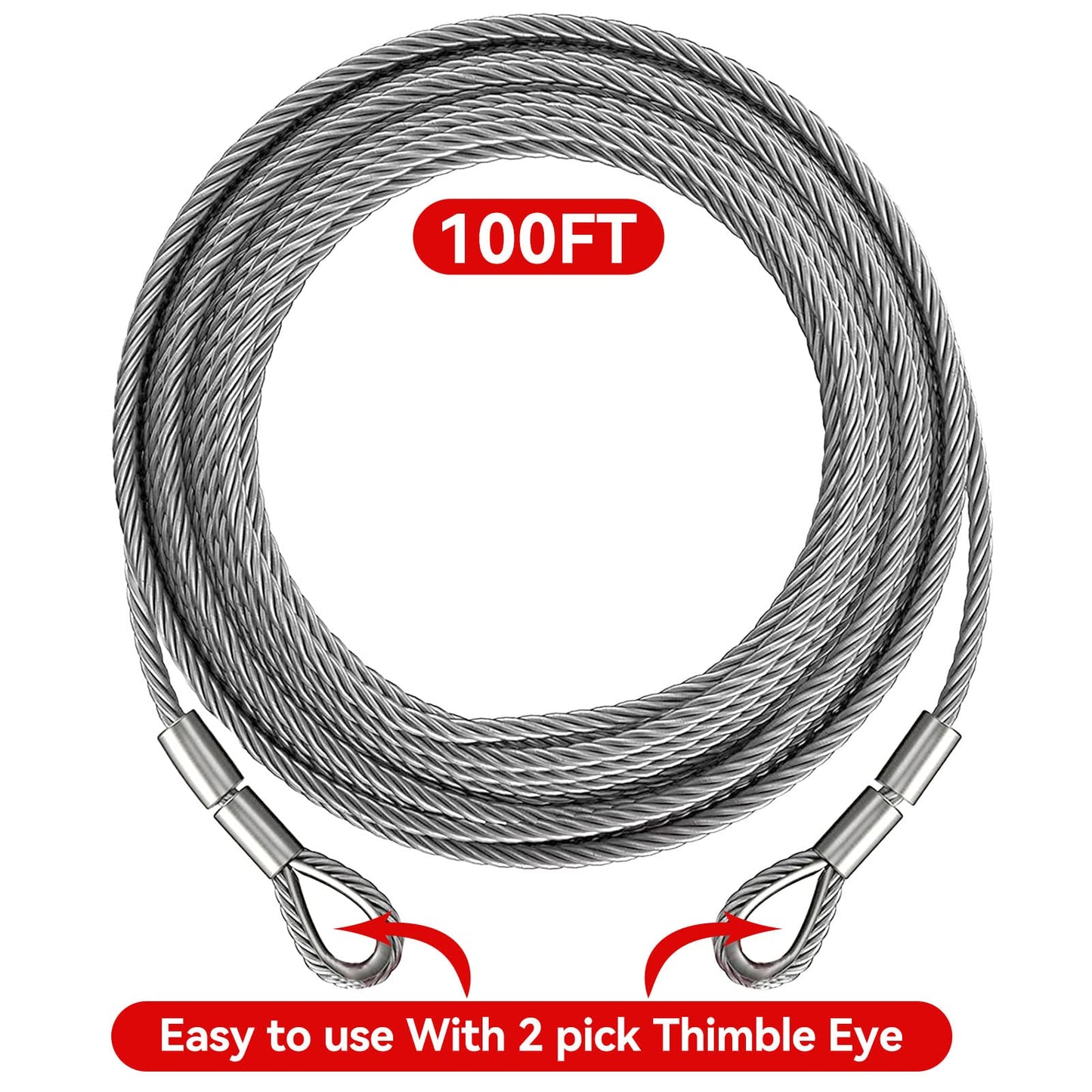 Cable de cabrestante, cable de remolque resistente, con 2 ganchos deslizantes de abrazadera en U de 3/8 pulgadas, construcción trenzada de 7 x 19, resistencia a la rotura de 100 pies