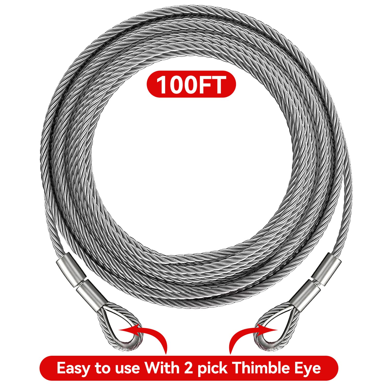Cable de cabrestante, cable de remolque resistente, con 2 ganchos deslizantes de abrazadera en U de 3/8 pulgadas, construcción trenzada de 7 x 19, resistencia a la rotura de 100 pies