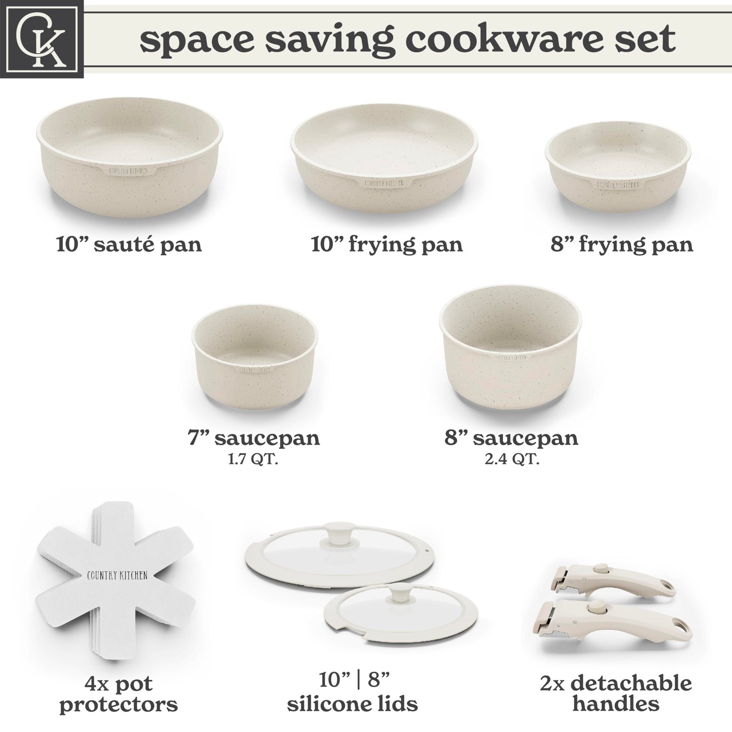 Country Kitchen Juego de ollas y sartenes de 13 piezas juego de utensilios de cocina antiadherentes mango desmontable juego de utensilios de cocina RV apto para lavaplatos/horno (crema), YFAC13RH CRM