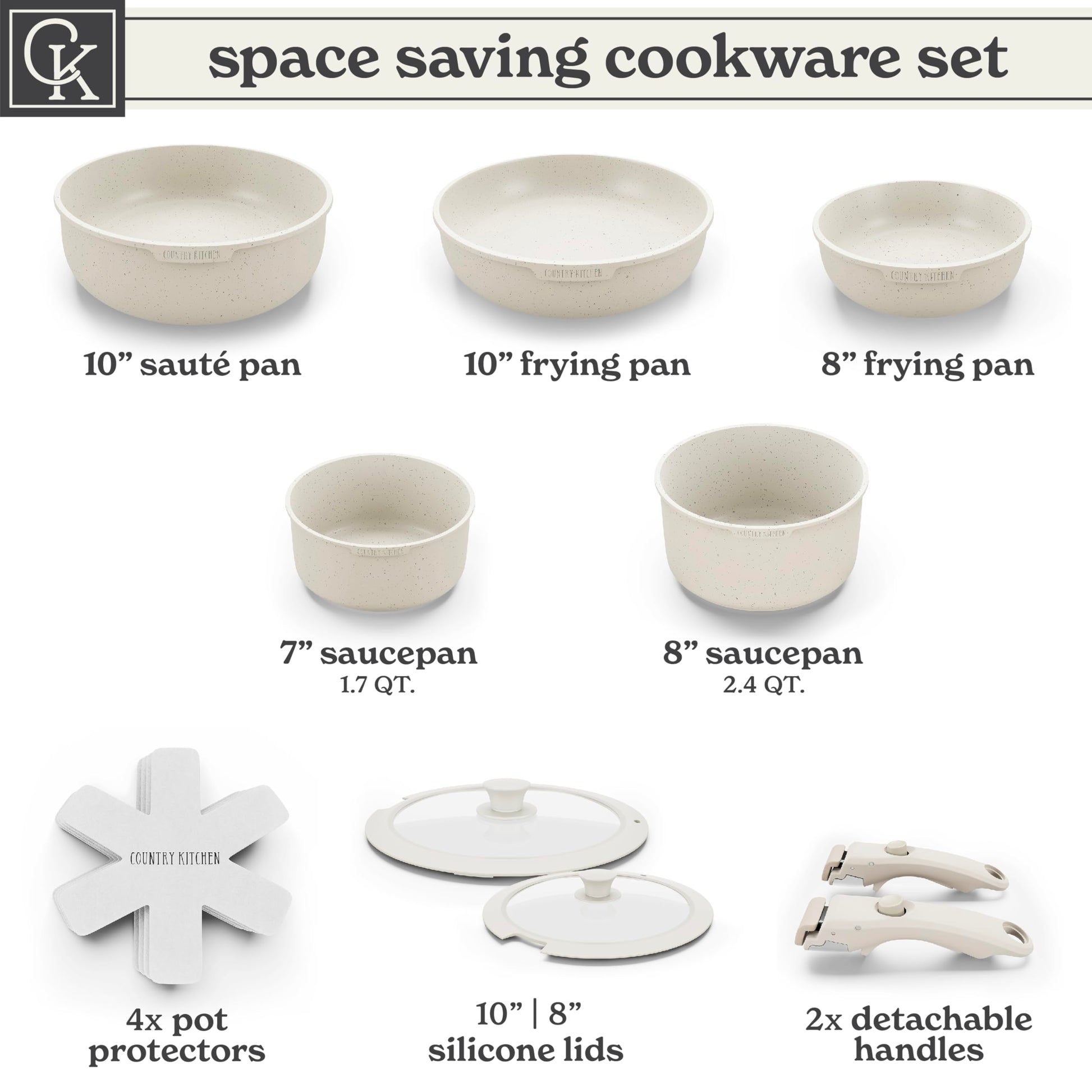 Country Kitchen Juego de ollas y sartenes de 13 piezas juego de utensilios de cocina antiadherentes mango desmontable juego de utensilios de cocina RV apto para lavaplatos/horno (crema), YFAC13RH CRM