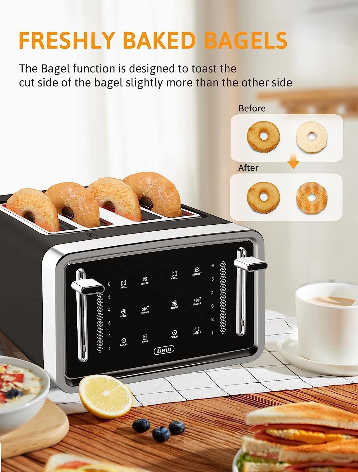Gevi Toaster 4 Slice,Led Display Touchscreen Bagel Toaster with Dual Control Panels of Bagel/Reheat/Defrost/Cancel/Toasting One Slice/Longer Function,6 Shade Setting