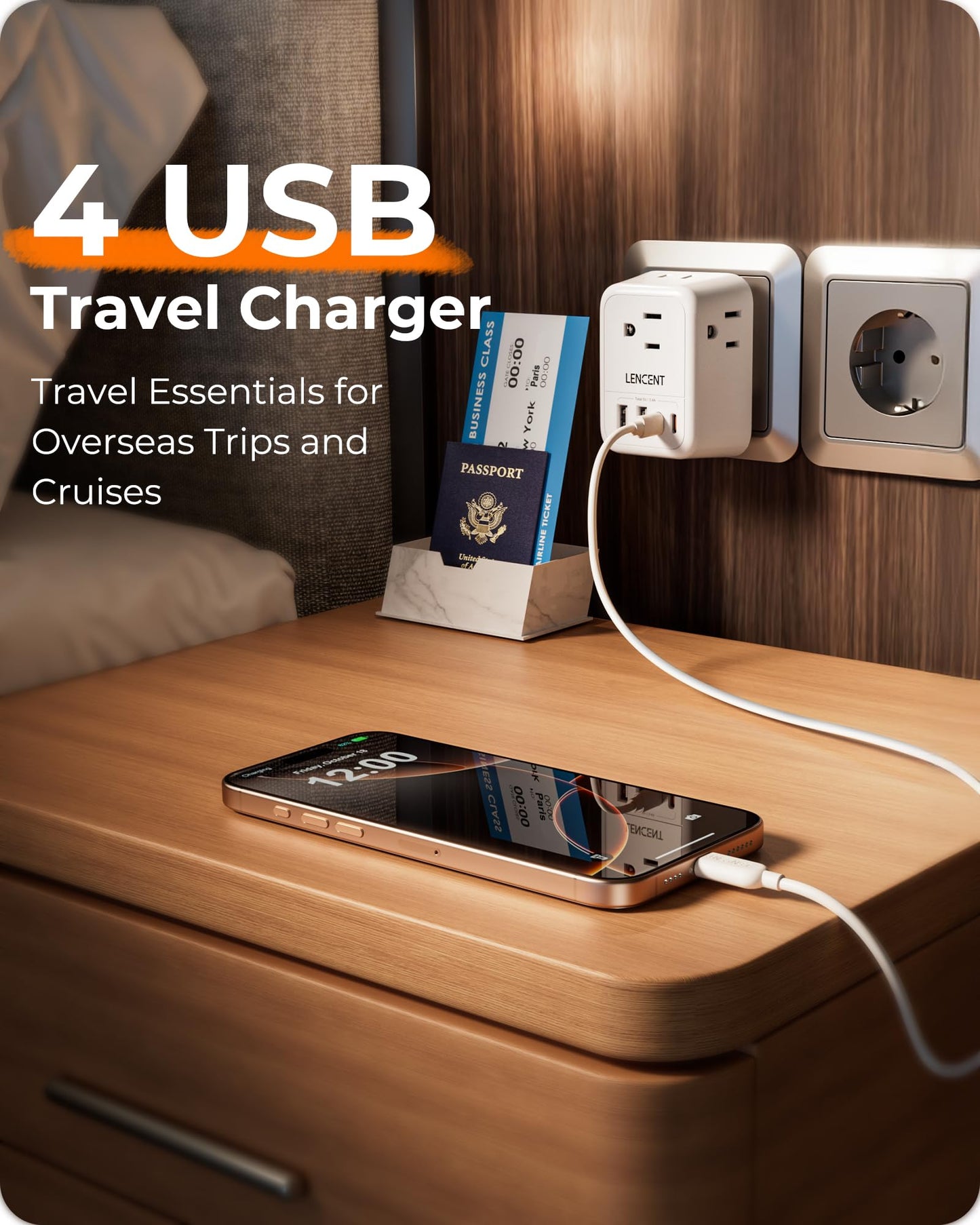LENCENT 2X Adaptador de Viaje Enchufe Schuko Tipo E/F, Cargador con 4 Salidas CA y 4 Puertos USB (2 USB-C), Convertidor de Enchufe Americano a Alemán, para Europa Alemania, Francia, España