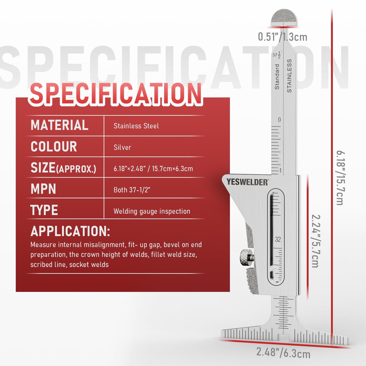 Calibre de Soldadura YESWELDER Acero Inoxidable Ajuste Precision Medición de Tuberías