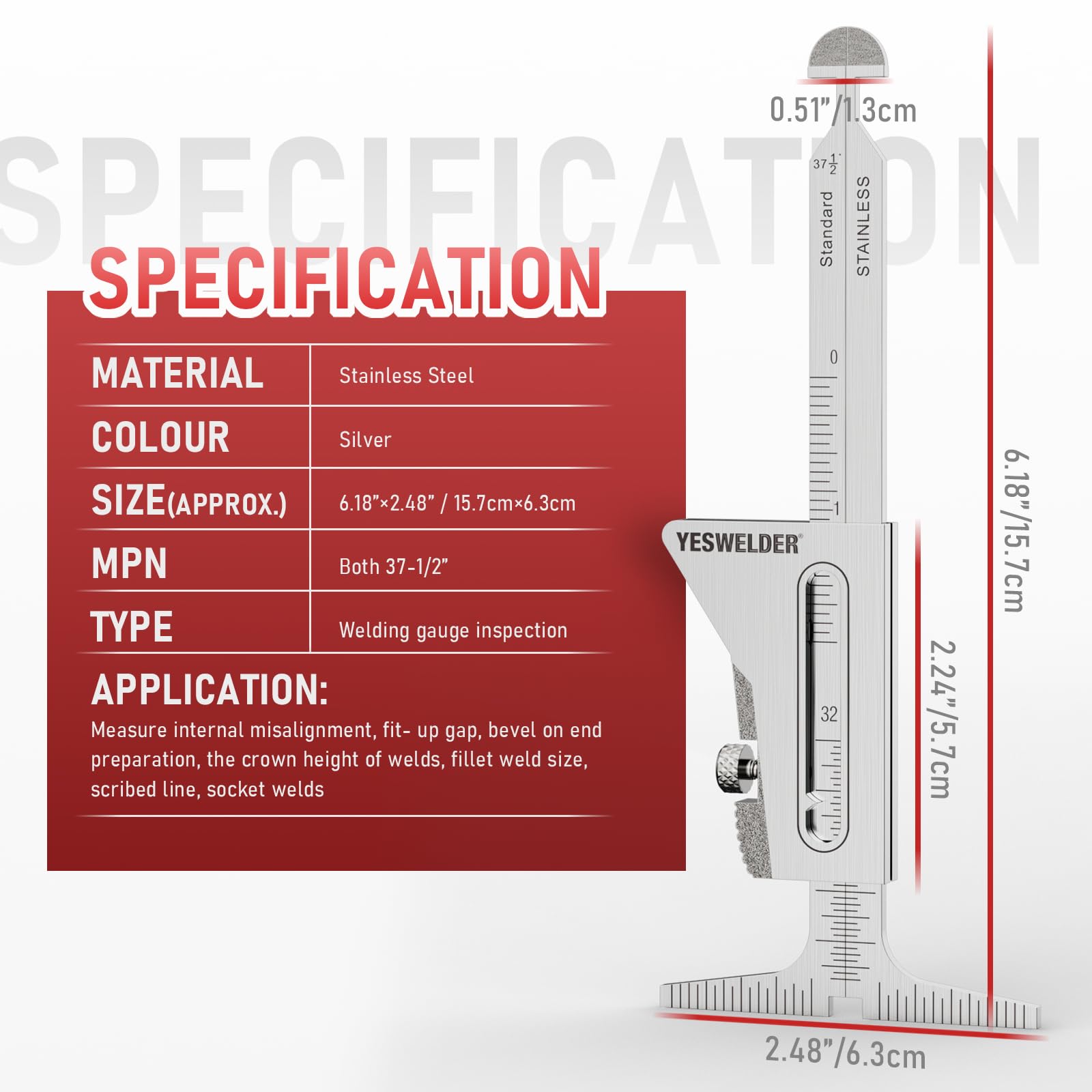 Calibre de Soldadura YESWELDER Acero Inoxidable Ajuste Precision Medición de Tuberías