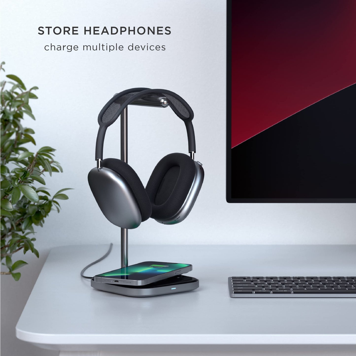 Soporte para Auriculares SATECHI Gris con Carga Inalámbrica y USB Tipo-C Compatible con iPhone y Dispositivos Qi