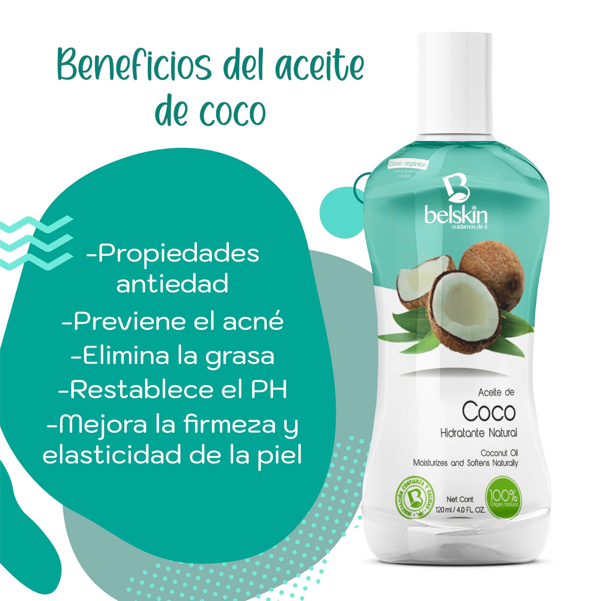 Belskin - 6 Pack Aceites Cosméticos de Coco - Aceite para Uso Corporal - Aceite para Cabello - Aceite Facial - Aceite Corporal - Hidrata y Suaviza Naturalmente - Aporta Fuerza y Brillo al Cabello - Contenido 6 Aceites de Coco con 120 ml cada uno