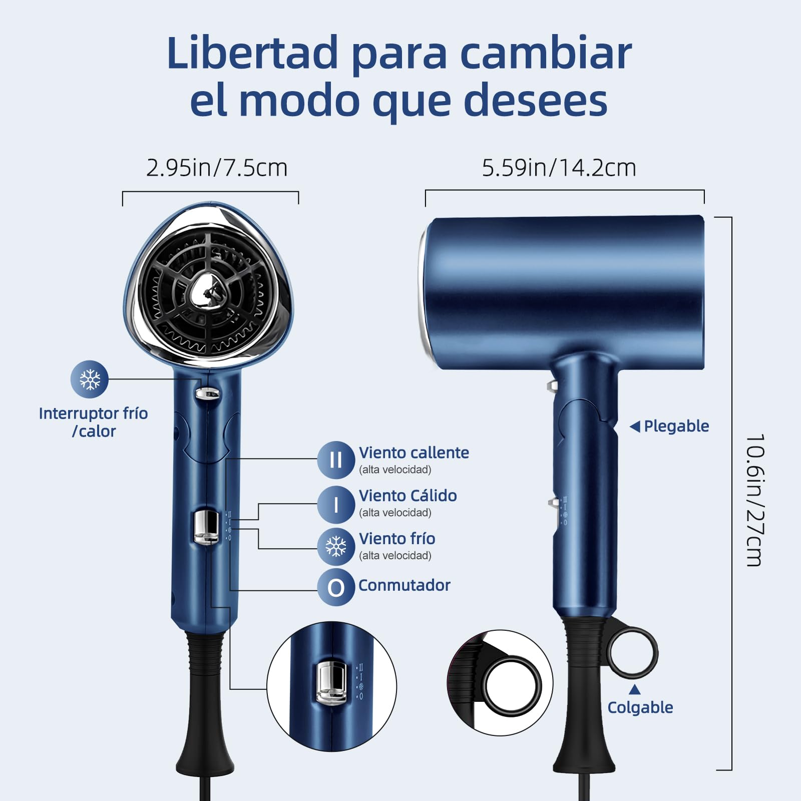 Secadora de Cabello,1800W Secadora para Cabello Profesional,3 Temperatura Ajustable,Ion Negativo,Secadora de Pelo Viaje Portatil y Plegable,Con Boquilla,Difusor,Peine y Pinza de Pelo,para Hogar,Salón