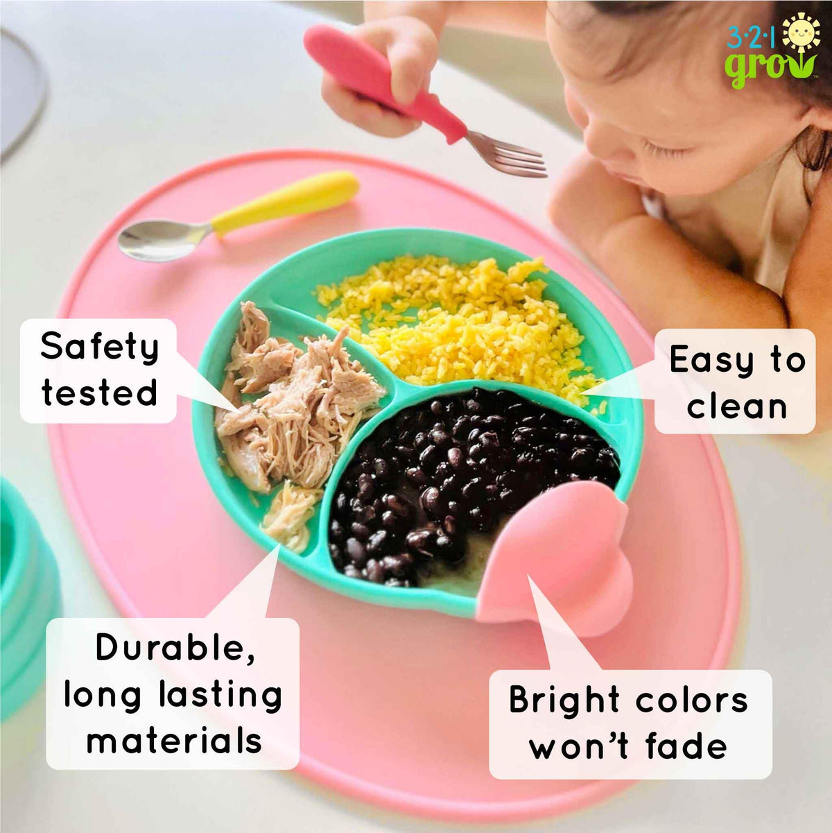 321 Grow • Juego de platos fáciles de cucharar y sostener • Juego de 2 platos • Placa de silicona para bebés, niños pequeños con divisores • Borde de clip para comidas fáciles y sin desorden • 6 meses
