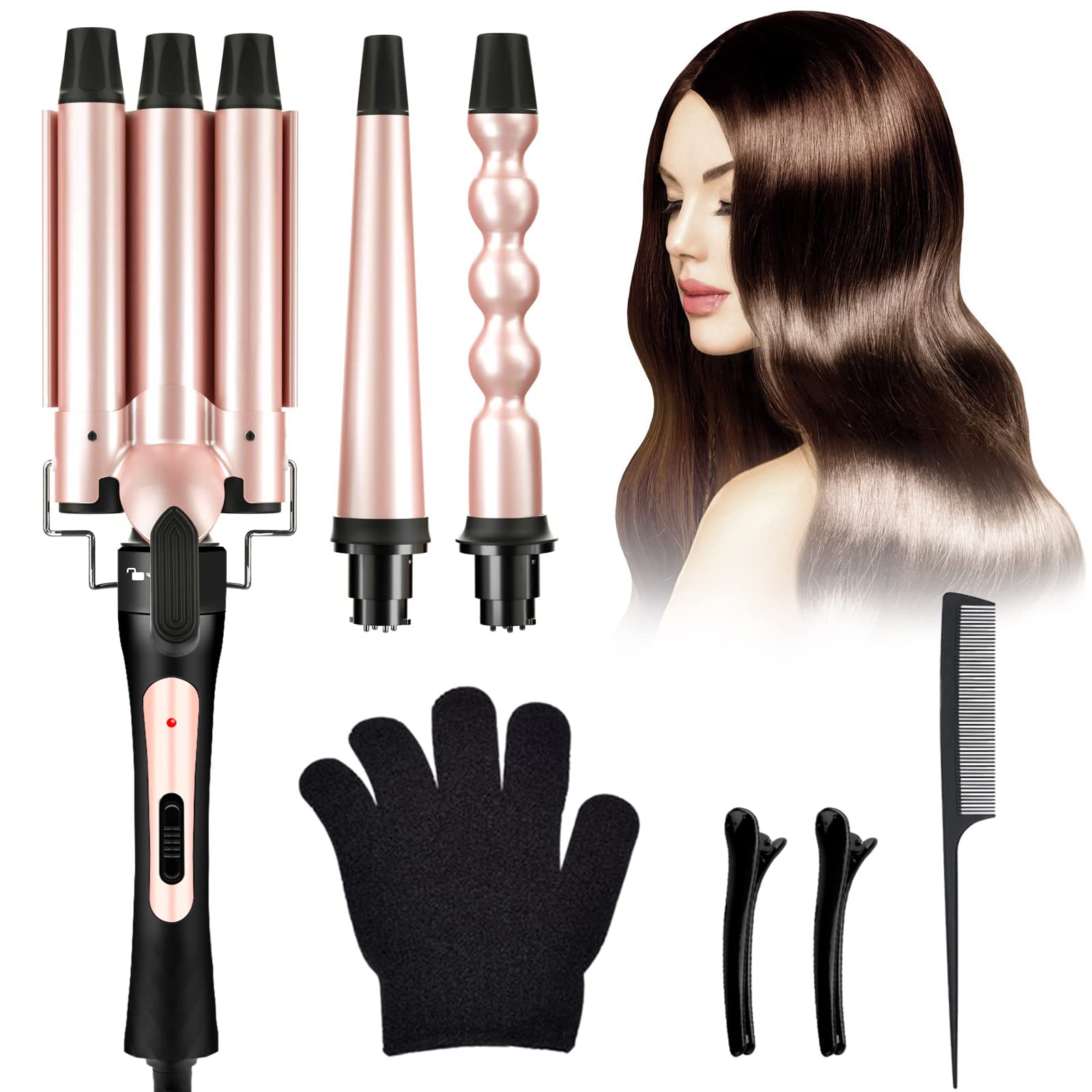 Rizador de Cabello, Juego de Rizadora de Pelo 3 en 1 con 3 Barriles, Ferro de Rizador de Cabello Intercambiables, Ondas Cerámica con Temperatura Ajustable Calentamiento Rápido, para Todo Tipo de Pelo