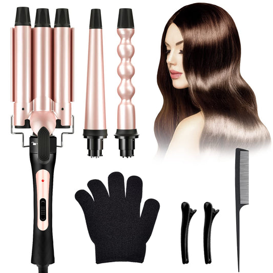 Rizador de Cabello, Juego de Rizadora de Pelo 3 en 1 con 3 Barriles, Ferro de Rizador de Cabello Intercambiables, Ondas Cerámica con Temperatura Ajustable Calentamiento Rápido, para Todo Tipo de Pelo
