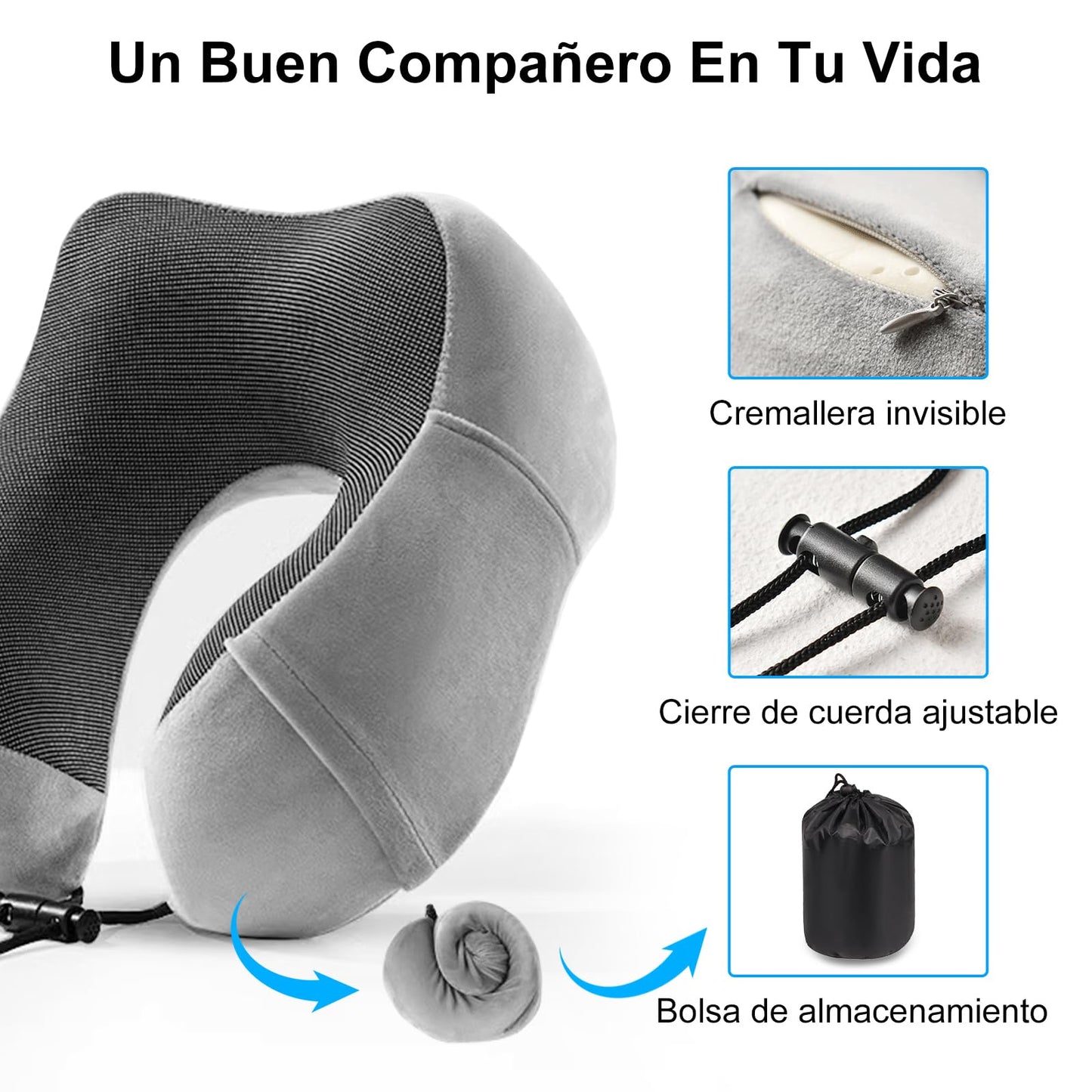 Jasonwell Almohada de Viaje Cuello - Almohada de Viaje para Cuello Portátil de Espuma de Memoria con Máscara de Ojos 3D Tapones para los oídos y Bolsa Soporte de Cuello para Avión Oficina (Gris claro)