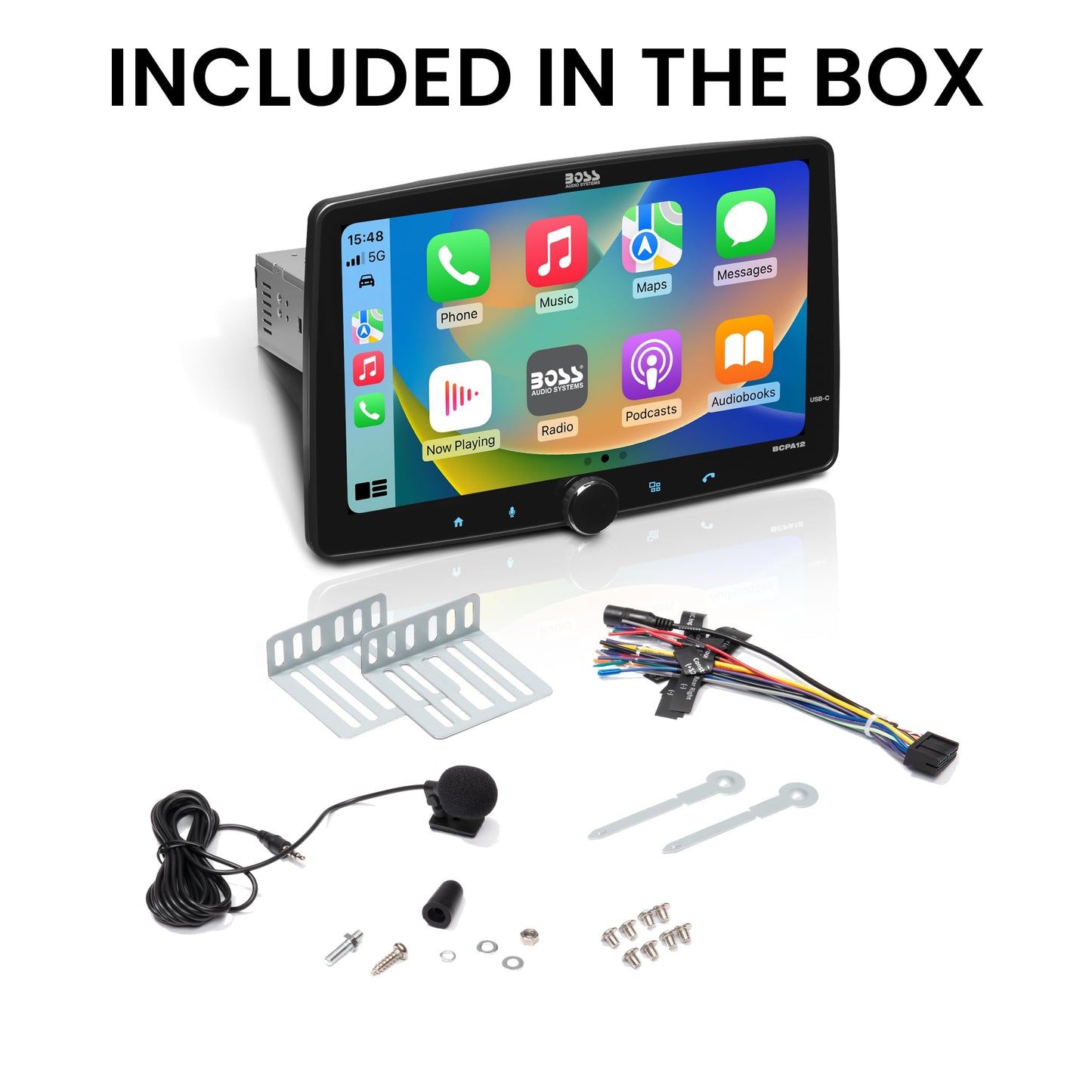 BOSS Audio Systems- BCPA12 Estéreo de un Solo DIN para automóvil - Apple CarPlay, Android Auto, Pantalla táctil de 12 Pulgadas, Bluetooth, sin Reproductor de DVD y CD, Receptor de Radio