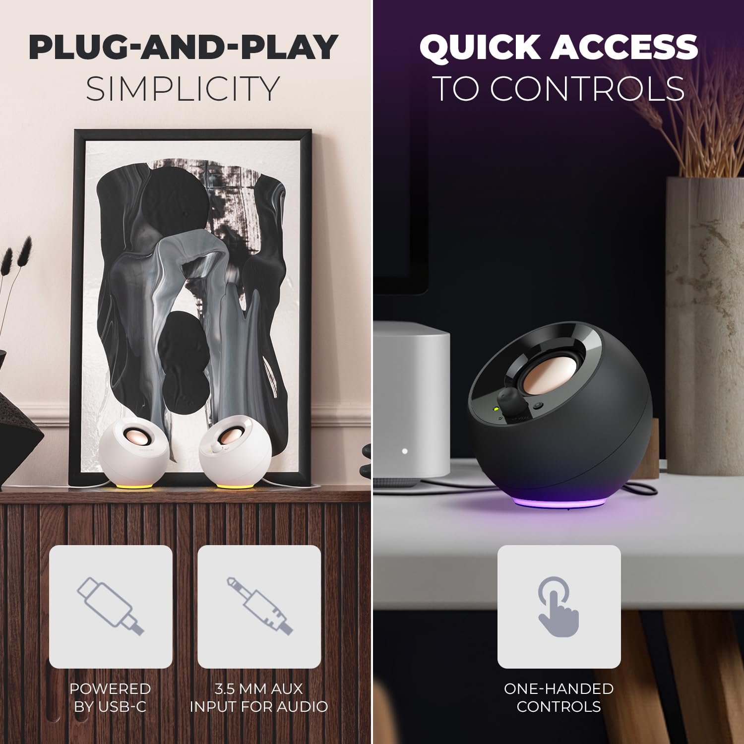 Creative Pebble SE - Altavoces minimalistas de PC con alimentación USB-C 2.0 con iluminación RGB, entrada auxiliar de 3.5 mm, hasta 4.4 W RMS de potencia para computadoras y portátiles (negro)