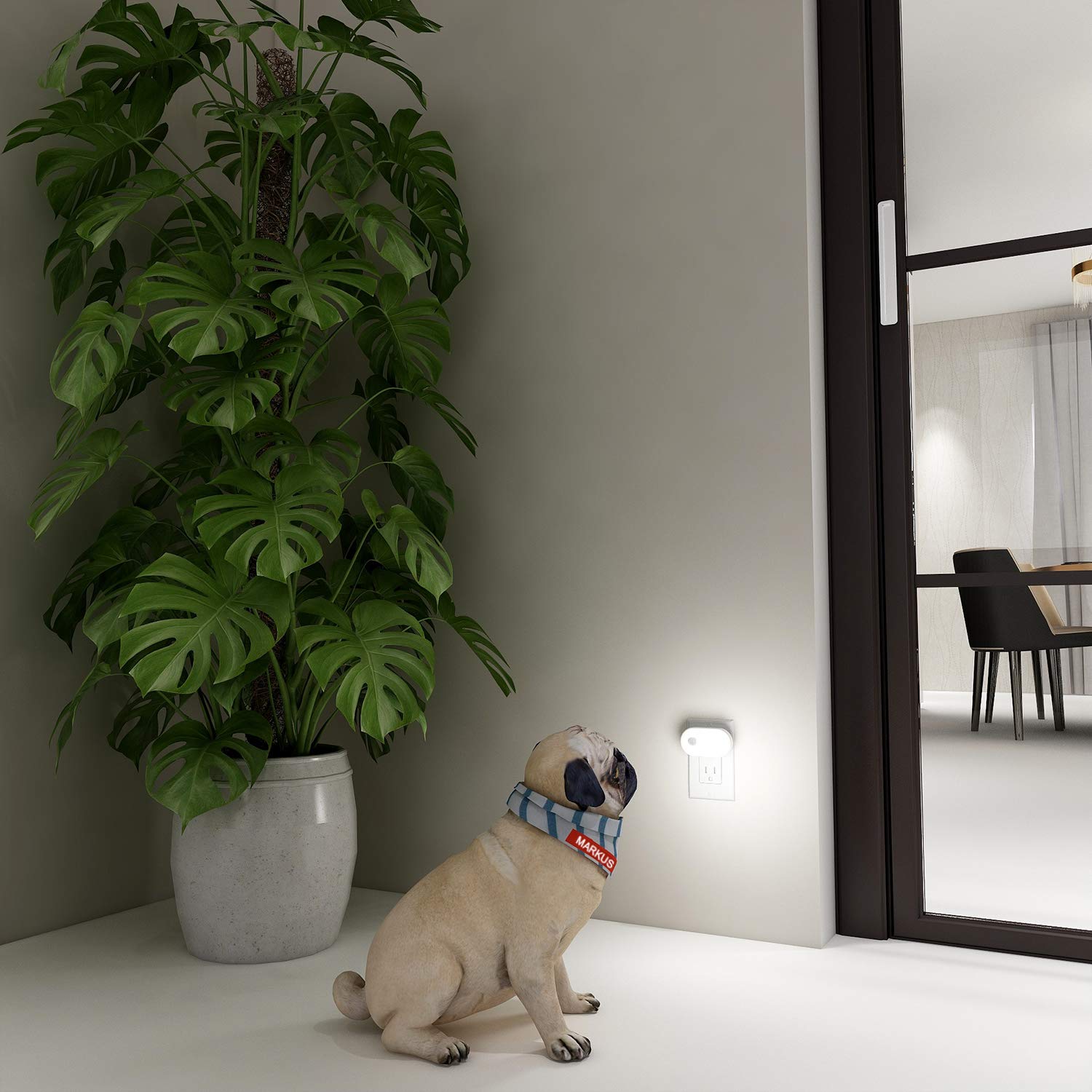 Lyridz - Luz nocturna enchufable con sensor de movimiento, 120 lm, luz nocturna LED inteligente, luz blanca fría con brillo ajustable continuo para baño, recámara, cocina, escaleras, pasillo, paquete
