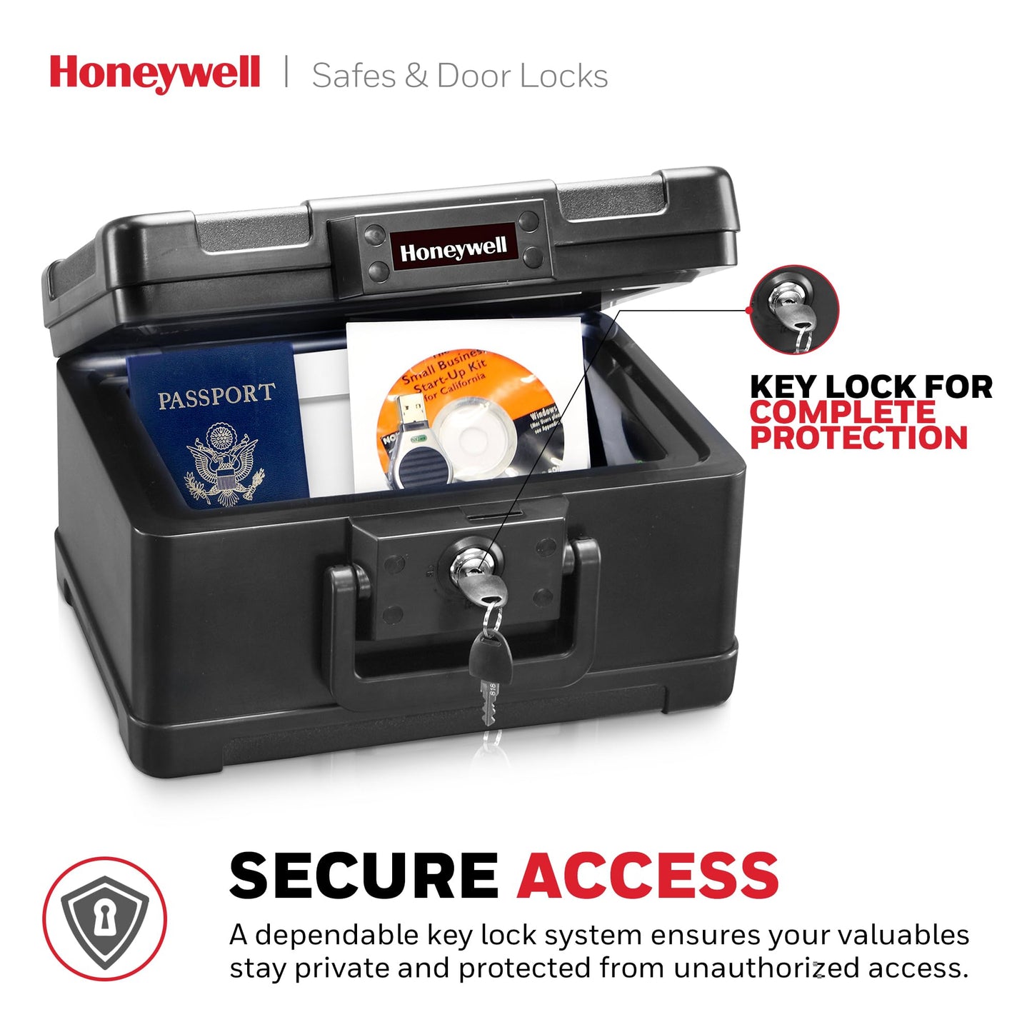 Honeywell Safes & Door Locks – Caja de seguridad pequeña para el hogar – Resistente al fuego seguro para sobres #10, flash USB, plástico ABS fuerte, documento, seguro para dinero con sistema de