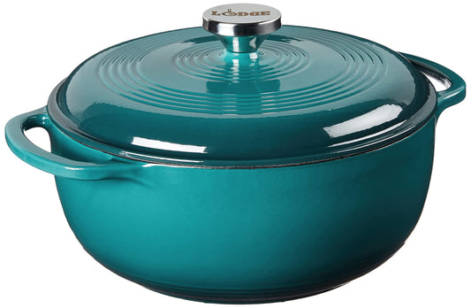 Lodge - Horno holandés de hierro fundido esmaltado de 4.5 cuartos con tapa, asas dobles, apto para horno hasta 500 °F o en estufa, uso para marinar, cocinar, hornear, refrigerar y servir - Laguna