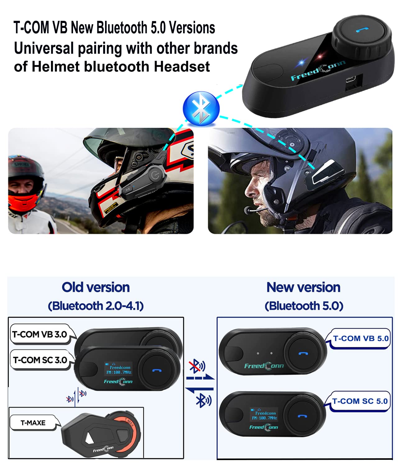 FreedConn T COM VB - Auriculares Bluetooth para motocicleta, intercomunicador de casco de 2 vías 800 m con música compartida, altavoces de sistema de comunicación universal, accesorios de moto