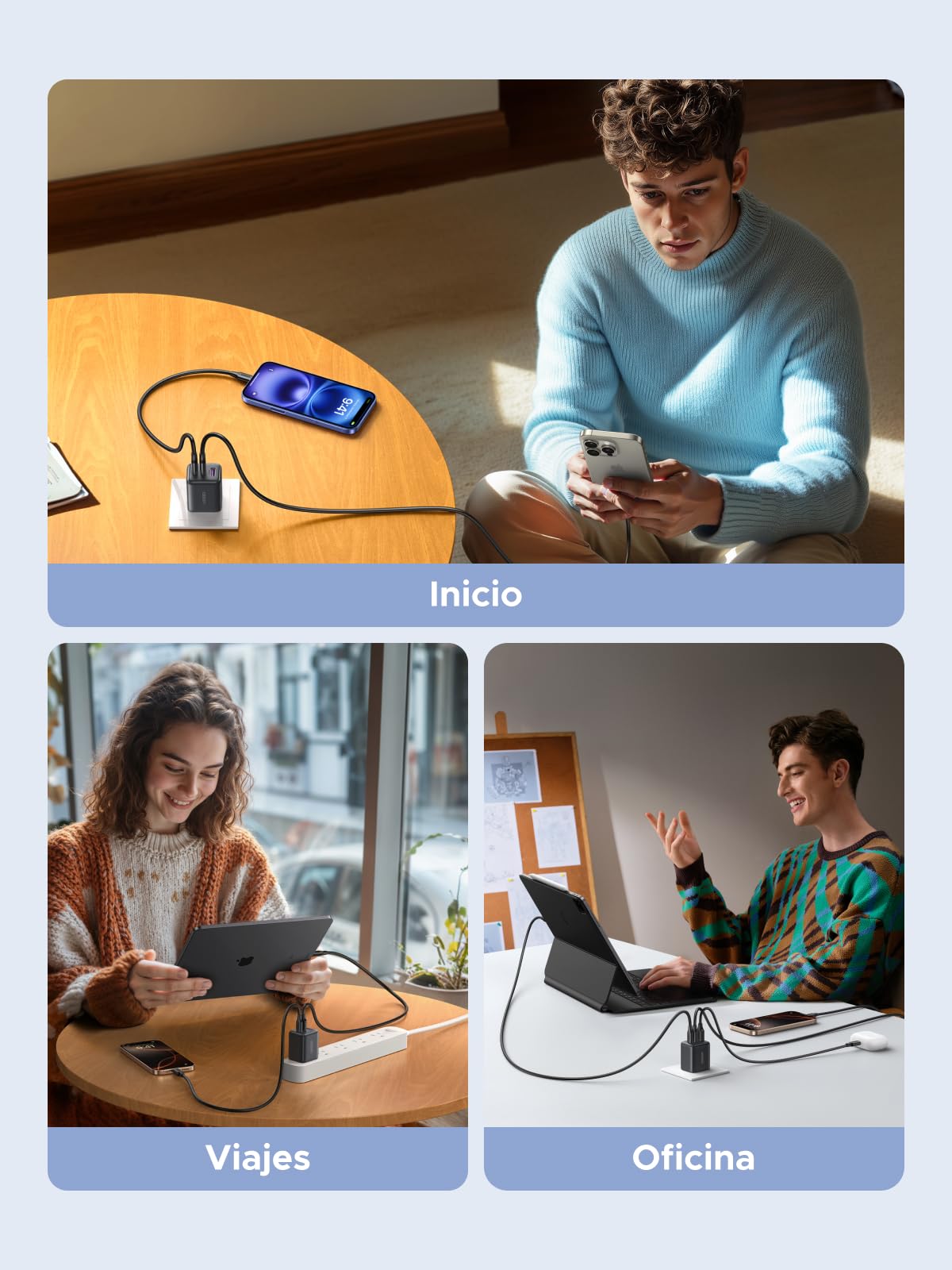 Cargador GAN 30W UGREEN Negro USB C 3 Puertos Rápido para Celular