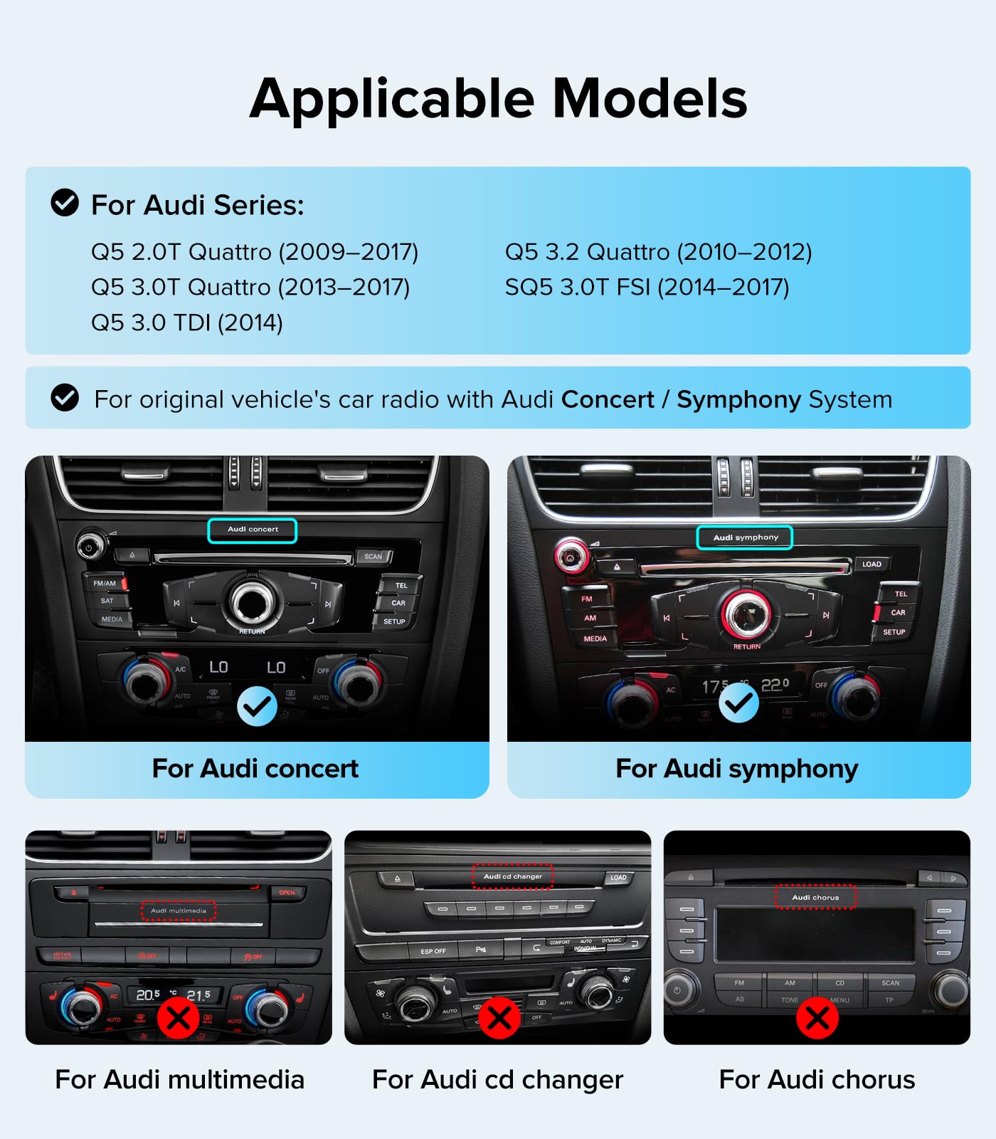 Estéreo inalámbrico CarPlay de 10.25 pulgadas para Audi Q5 SQ5 2009-2017 con sistema Audi Concert & Symphony (3GMMI) | visualización táctil HD | Dual OS (OEM+Linux) Radio de coche USB Reproducción de