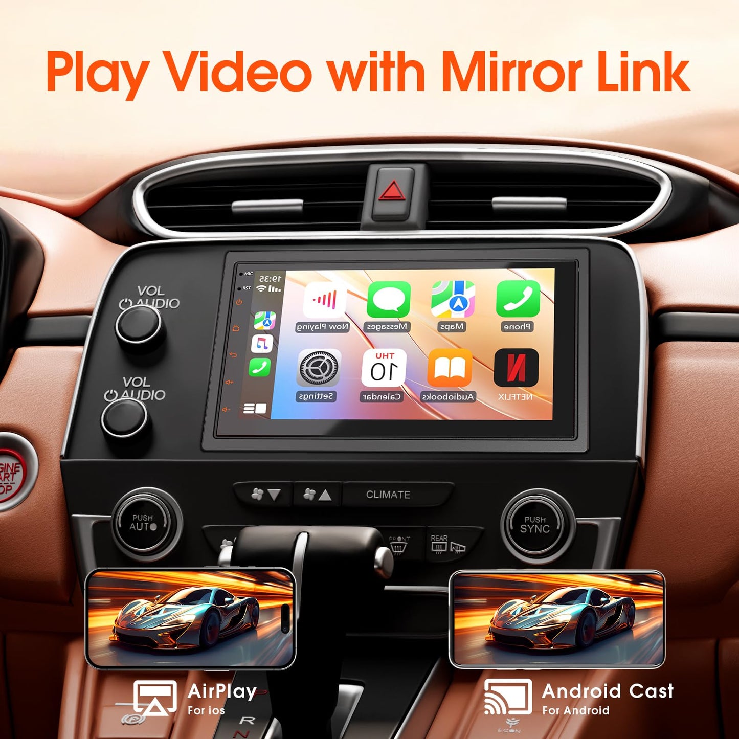 Haudio Estéreo de coche doble din, visualización táctil HD de 7 pulgadas con Apple Carplay y Android Auto, enlace espejo, Bluetooth 5.4, SWC, subwoofer, 5.1 CHN, cámara de respaldo, 2+64 GB, receptor