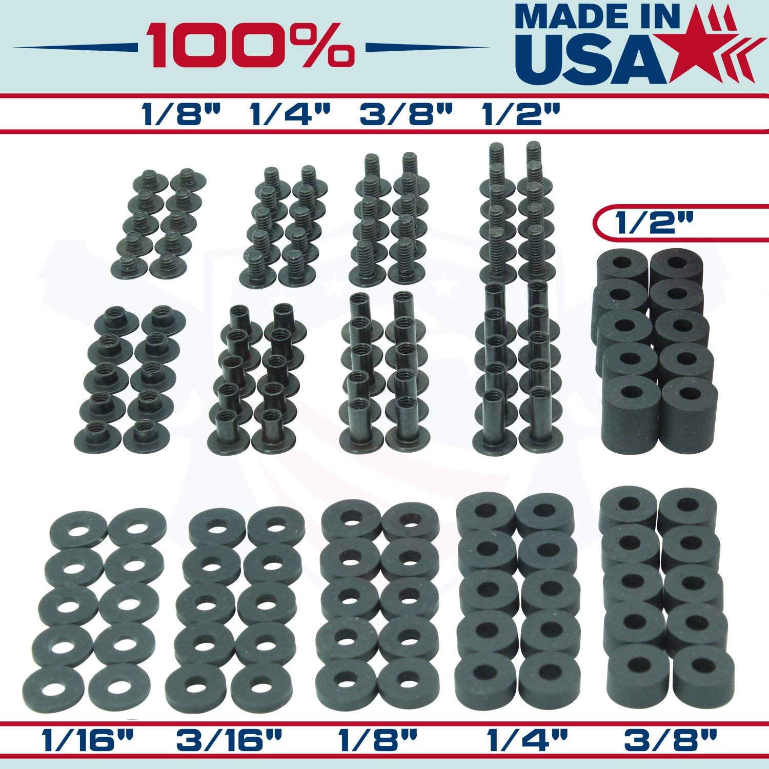Tornillo negro Chicago – Kit de encuadernación de poste 1/8, 1/4, 3/8, 1/2 abierto ranurado trasero + arandelas de goma, Phillips Truss Head QuickClipPro Kydex funda de piel, Negro, 3/8" - 10 Pack DBL-Washer