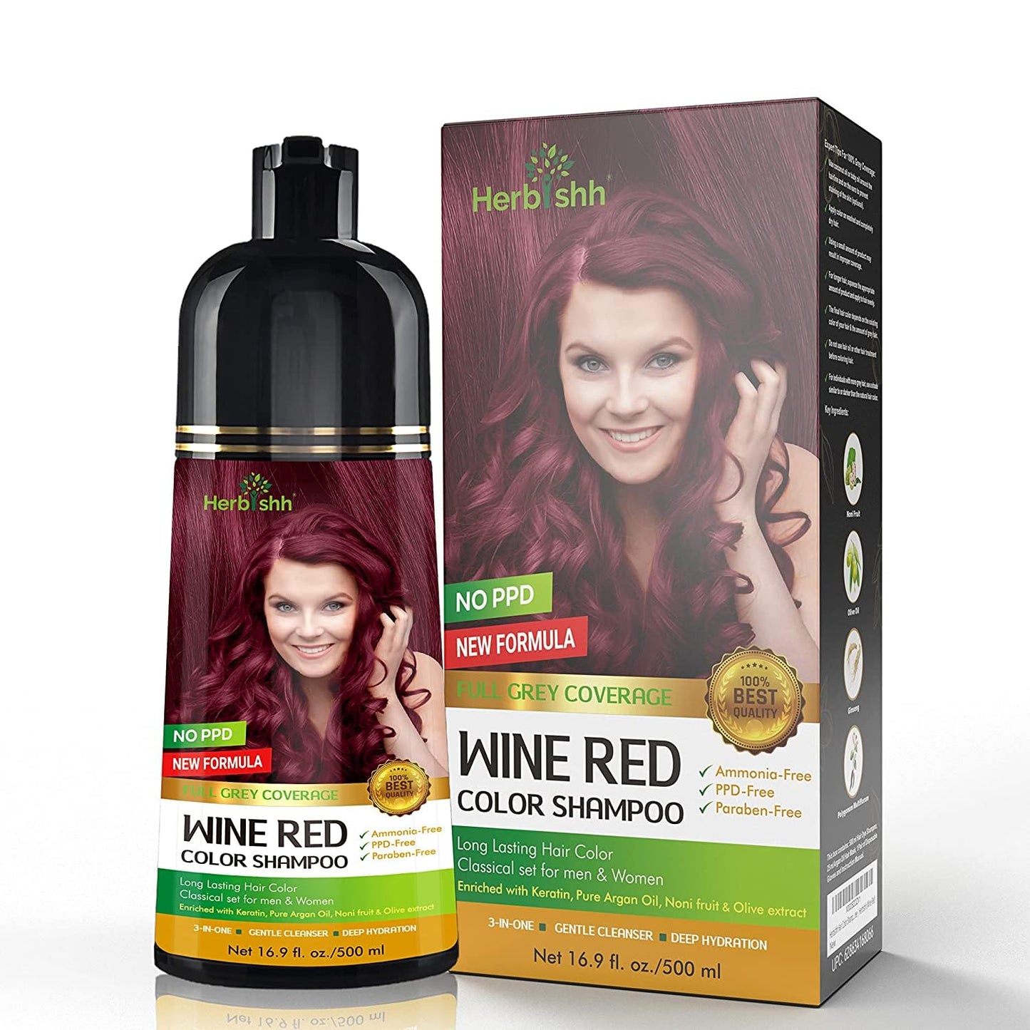 Herbishh - Champú colorante para cabello gris, champú con tinte natural para el cabello, colorea el cabello en minutos, dura hasta de 3 a 4 semanas, 500 ml, tinte de cabello 3 en 1, sin amoniaco | (rojo vino)