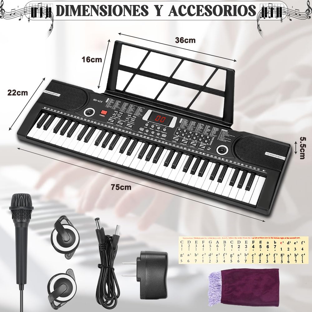 Gopnaty Piano Digital Multifuncional, Piano Eléctrico con 61 Teclas, Piano Eléctrico Multifuncional, Teclado Portátil de 61 Teclas, Piano con Función de Micrófono, Teclado Musical