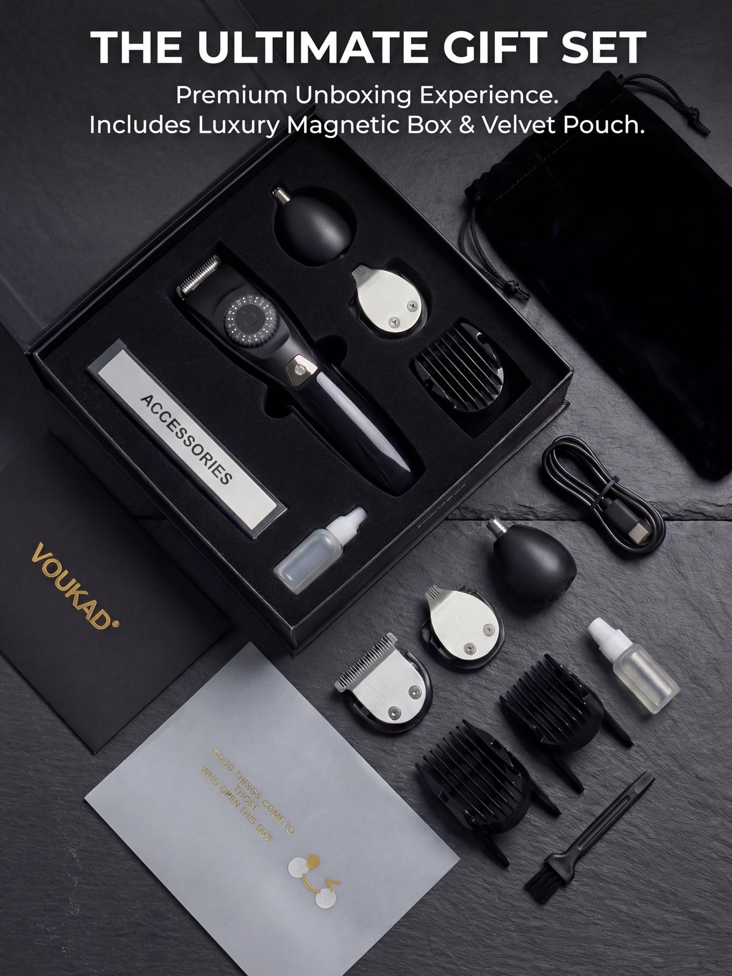 Voukad - Cortadora eléctrica de barba de 40 precisiones para hombres, para barba, bigote, pelo de cara y oreja, cortadora multiserie, impermeable, carga USB C, bolsa suave (gris + negro)