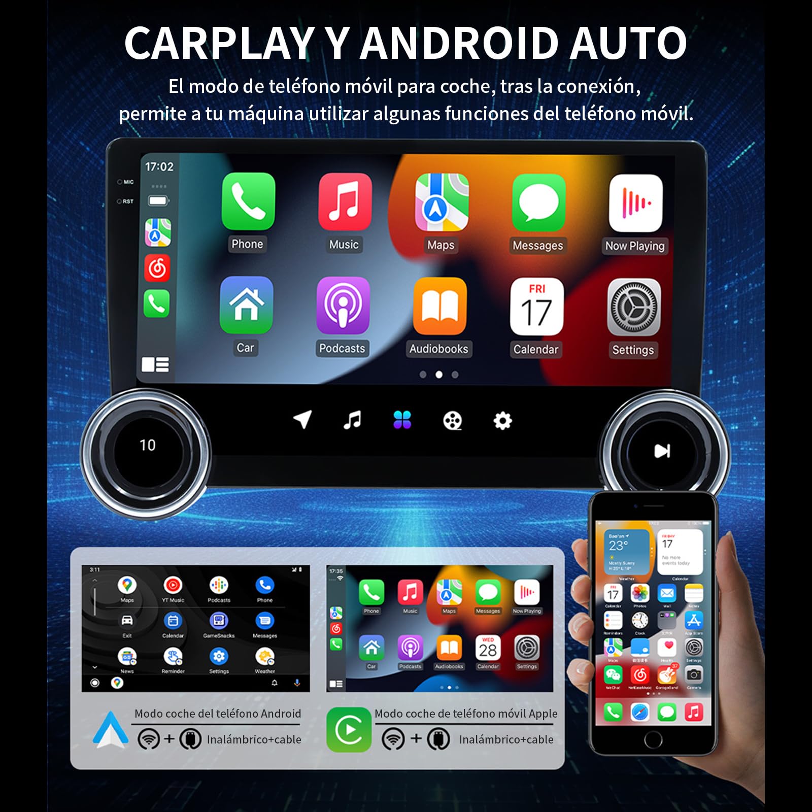 FINYQBET Pantalla Android para Auto de 10.1", Estéreo 2 DIN con CarPlay y Android Auto Inalámbrico, Bluetooth 5.1, GPS y WiFi, Compatible con Cámara de Reversa y Control de Volante