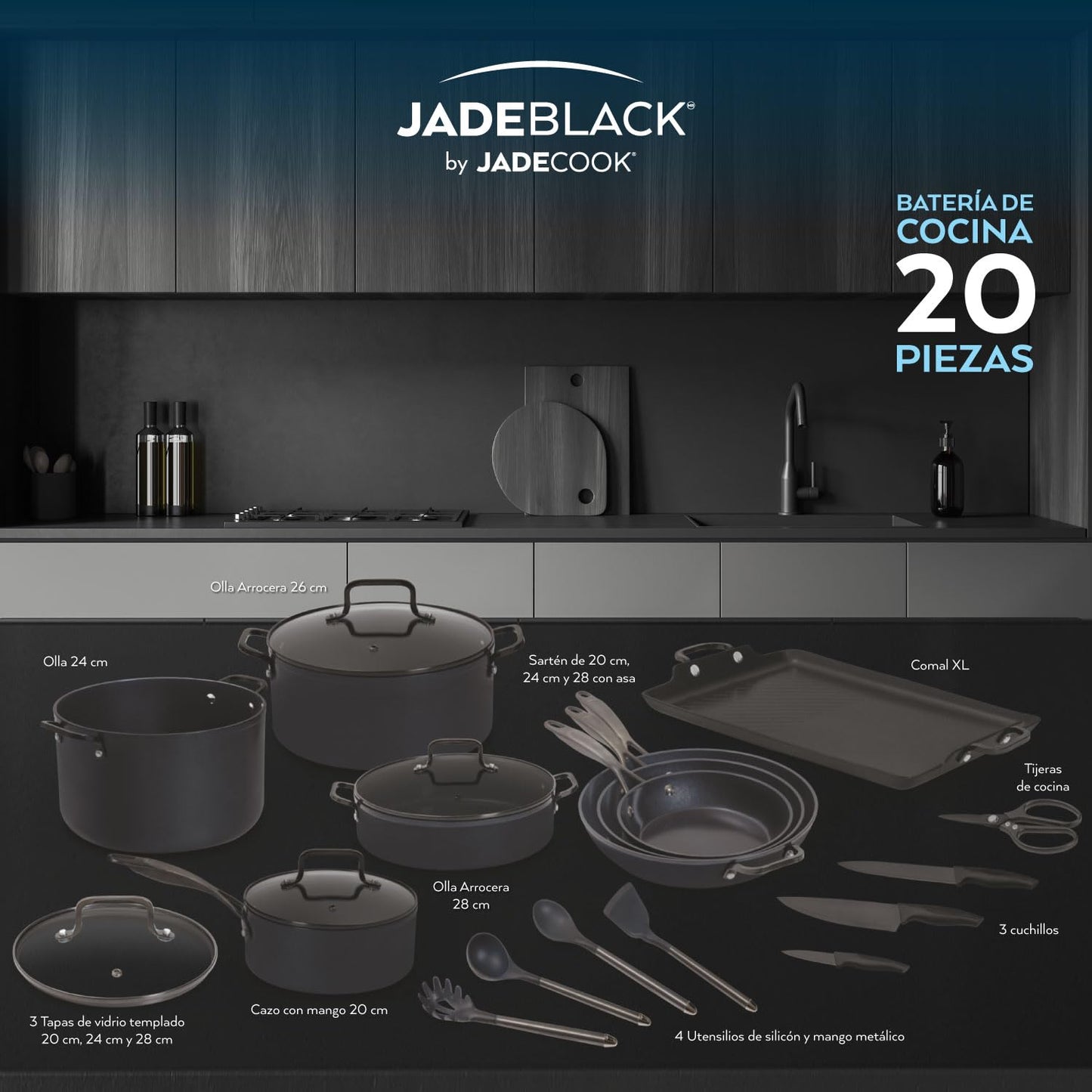 JADE BLACK Batería de Cocina 20 Piezas, Recubrimiento de Polvo de Jade Negro, Base Full Induction, Incluye Sartenes, Ollas y Utensilios