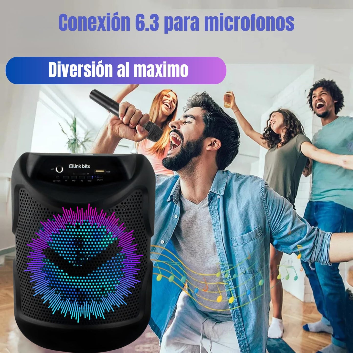 LINK BITS SA693T Bocina Bluetooth 6.5 Pulgadas, Radio FM Altavoz Inalámbricos Portátiles, Graves Potentes, Tarjeta TF, Reproducción USB, bafle Karaoke para Fiesta con Luz Led, Recargable Speaker.