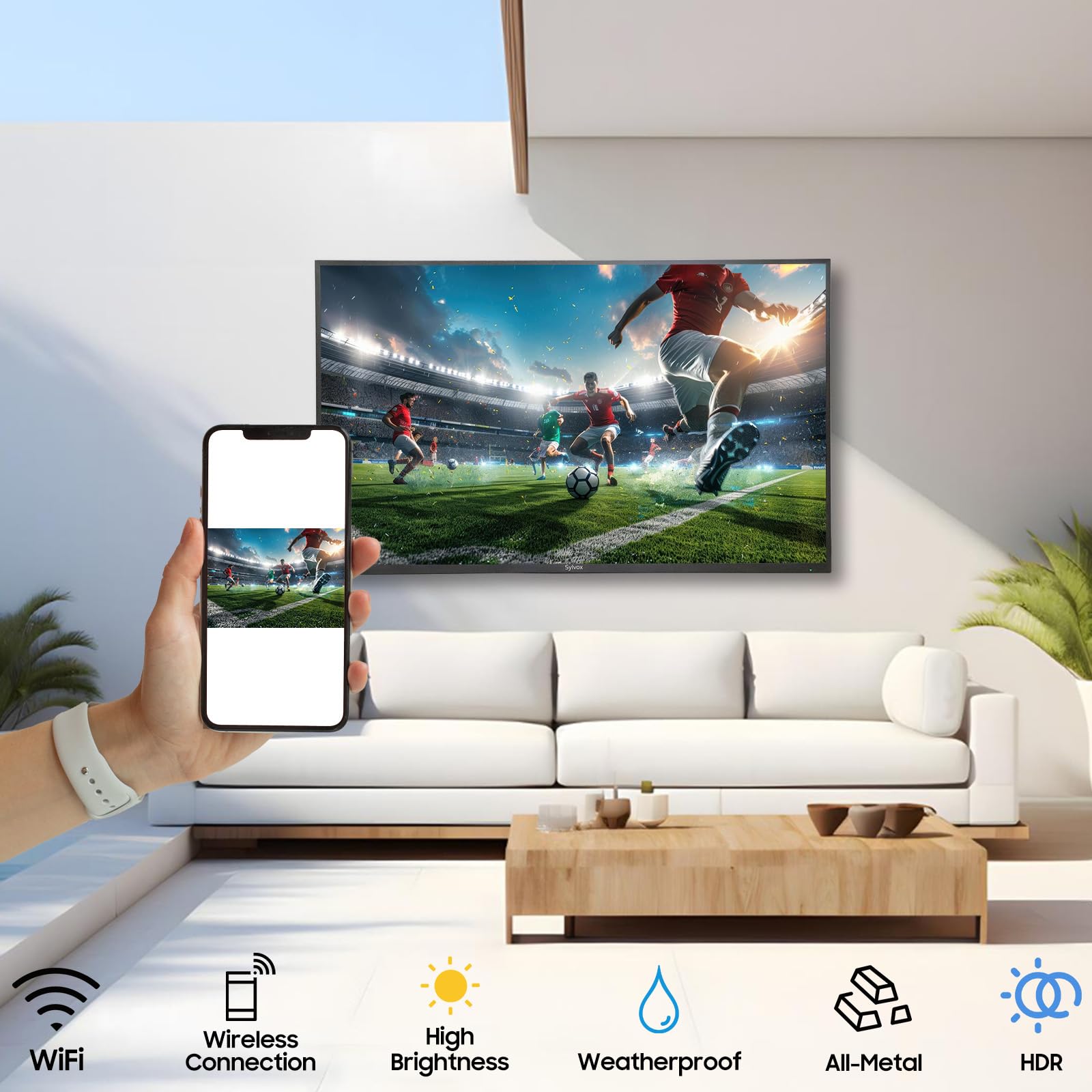 Televisión Inteligente SYLVOX 65 Pulgadas Resistente a la Intemperie 4K para Exteriores