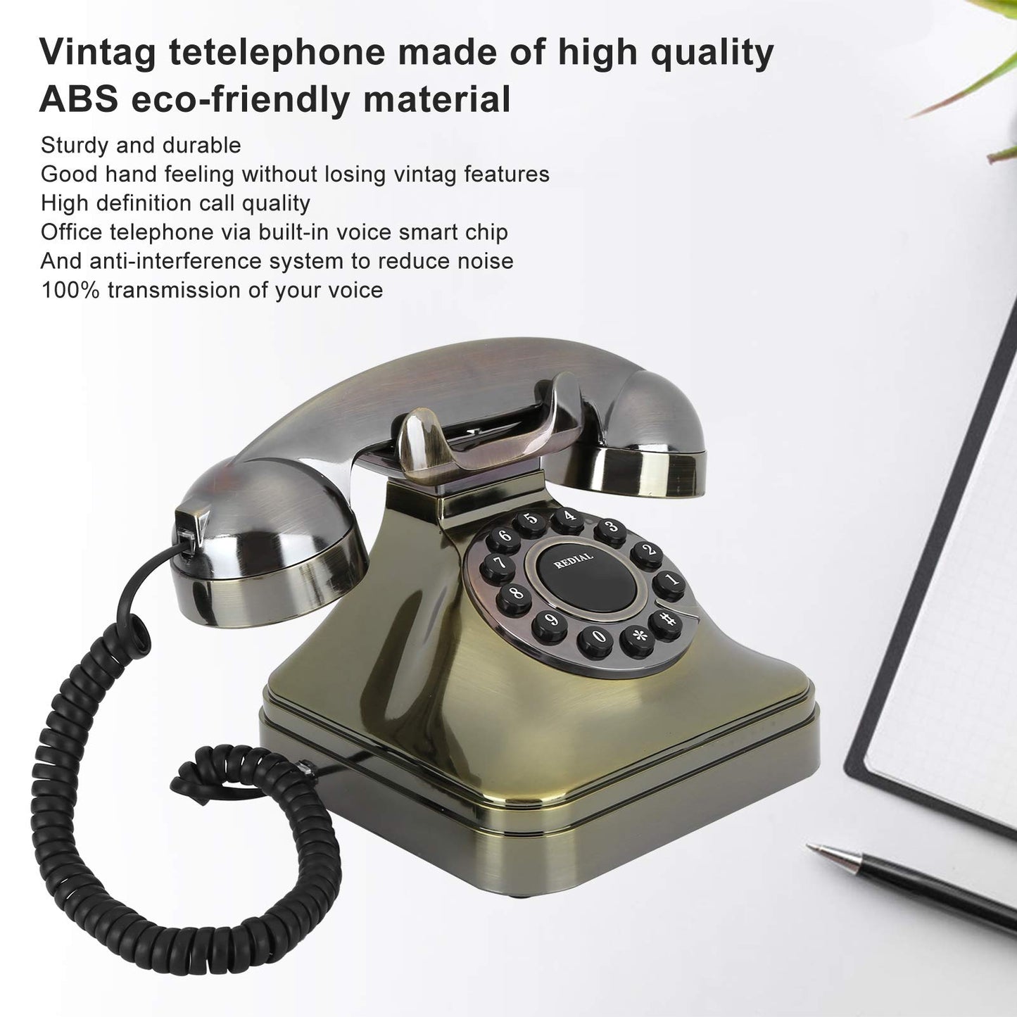 Oumij1 Teléfono Fijo Vintage - Teléfono Retro de Bronce Antiguo - Llamada de Alta Definición - Teléfono Residencial de Botón Grande - para Oficina, Hotel
