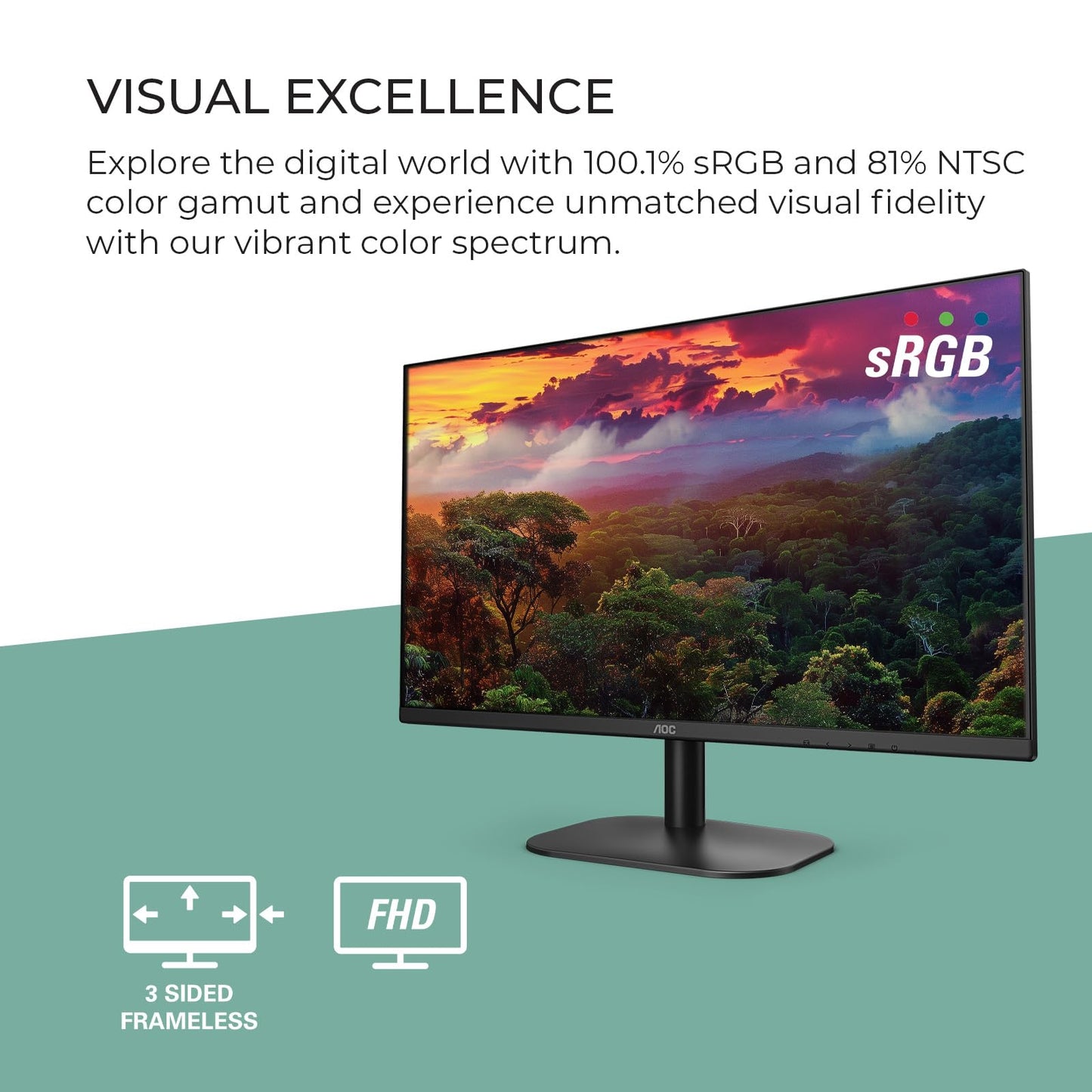 AOC 27B2H2 Monitor IPS sin Marco de 27 Pulgadas, FHD 1920x1080, 100Hz, 101% sRGB, para el hogar y la Oficina, Entrada HDMI y VGA, Modo Azul bajo, Compatible con VESA, Negro