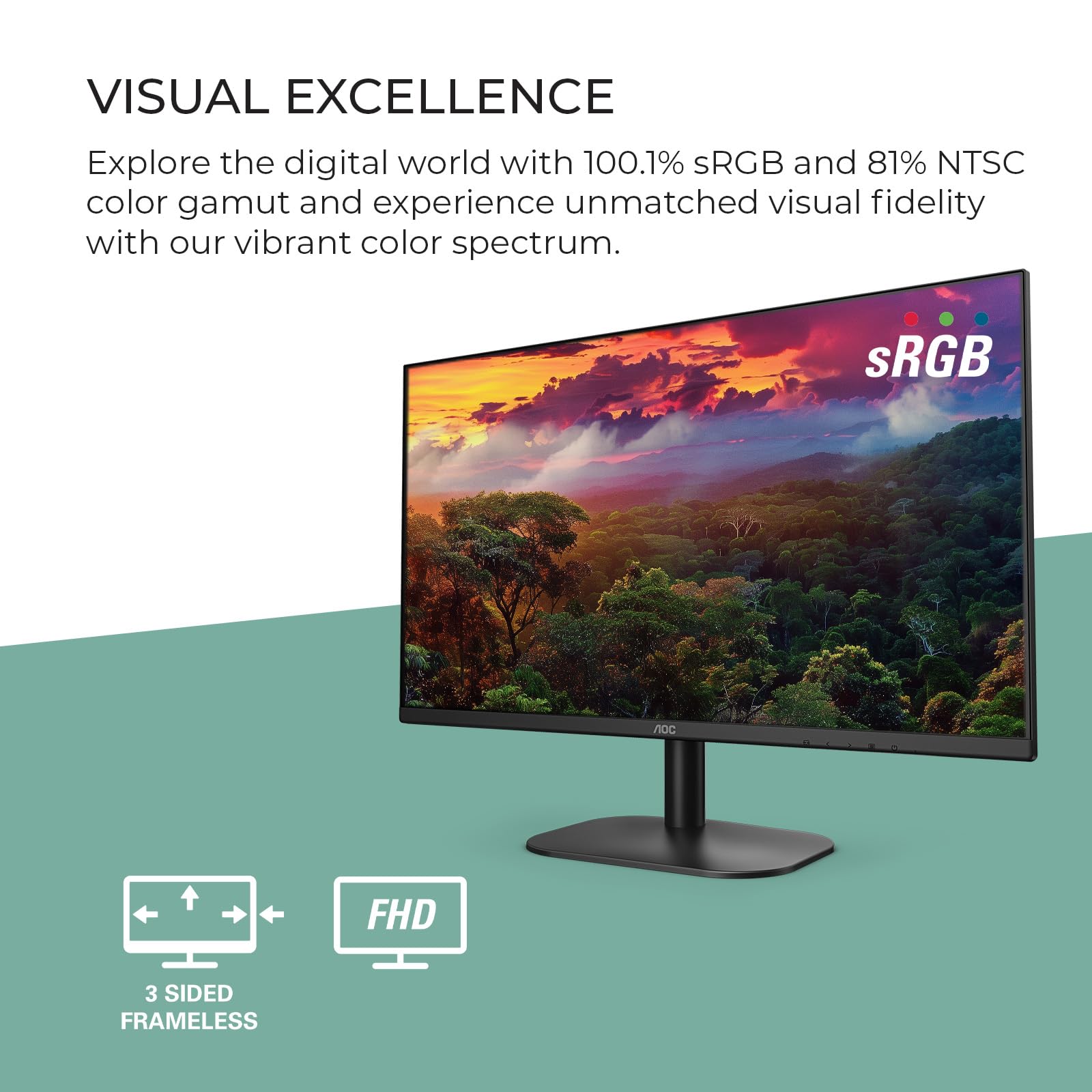 AOC 27B2H2 Monitor IPS sin Marco de 27 Pulgadas, FHD 1920x1080, 100Hz, 101% sRGB, para el hogar y la Oficina, Entrada HDMI y VGA, Modo Azul bajo, Compatible con VESA, Negro