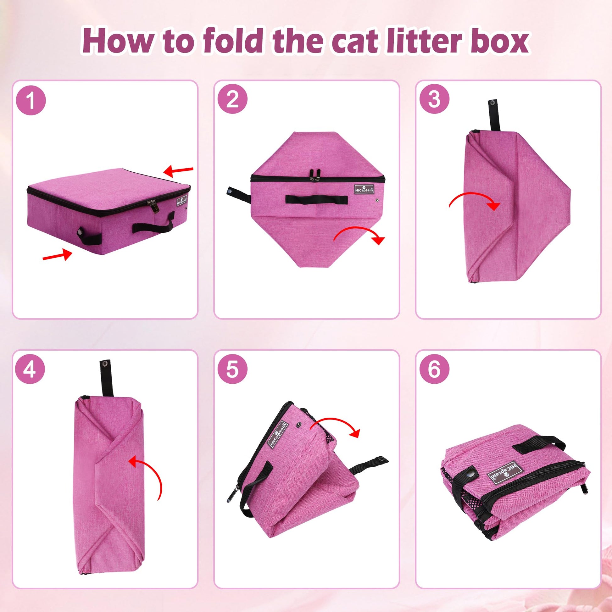 HiCaptain - Caja de arena portátil para gatos con tapa, caja de arena de viaje plegable para gatos medianos y grandes, a prueba de fugas, caja plegable estándar para viajes, color rosa
