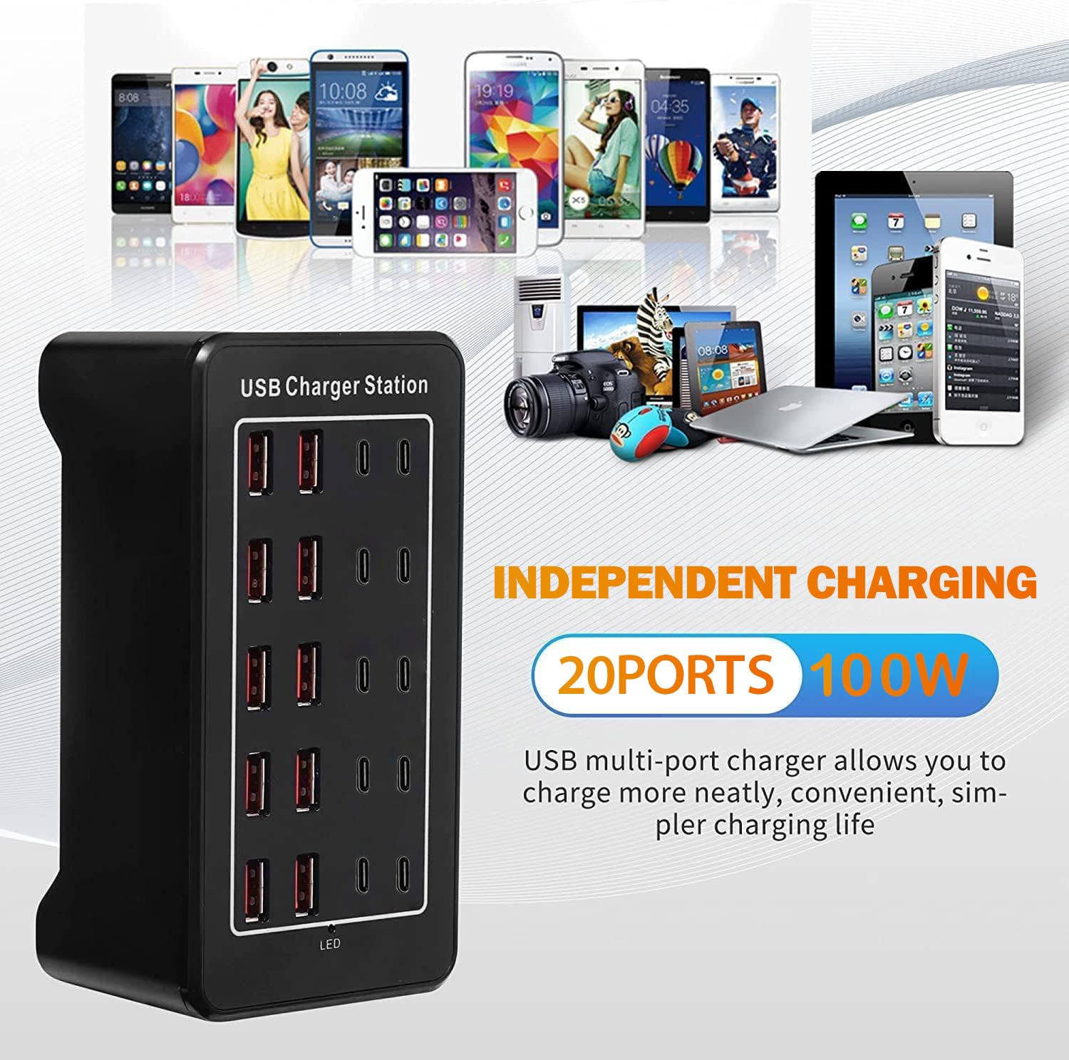 Bloque de cargador USB C de 100 W, estación de carga USB C, 20 puertos (20 A), hub de carga múltiple de computadora de 10 puertos, cargador USB compatible con Apple iPhone, iPad, Samsung, Pixel,