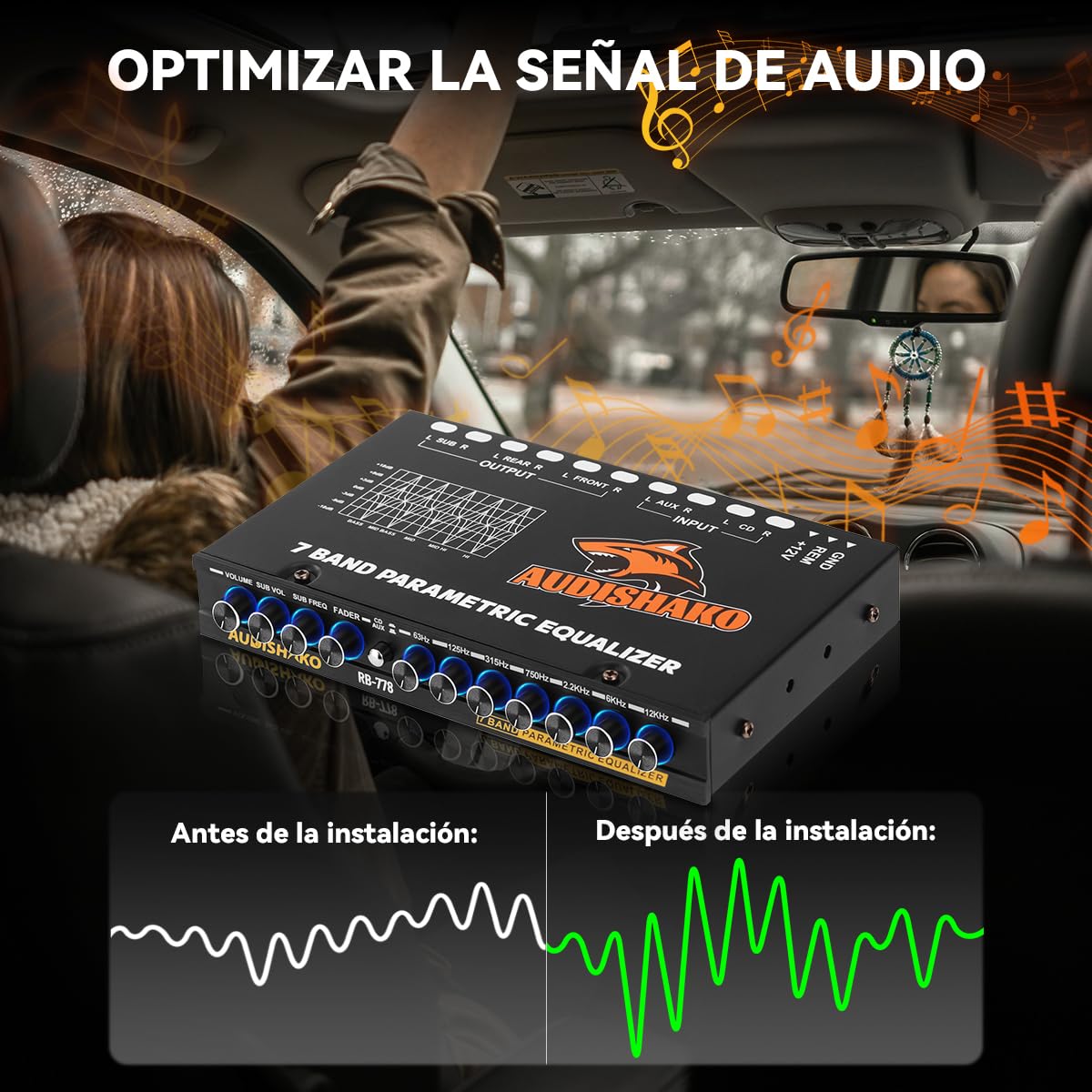 Ecualizador AUDISHAKO 7 Bandas 6 Salidas RCA 4 Entradas RCA con Indicador LED para Carros, Pickups y SUV
