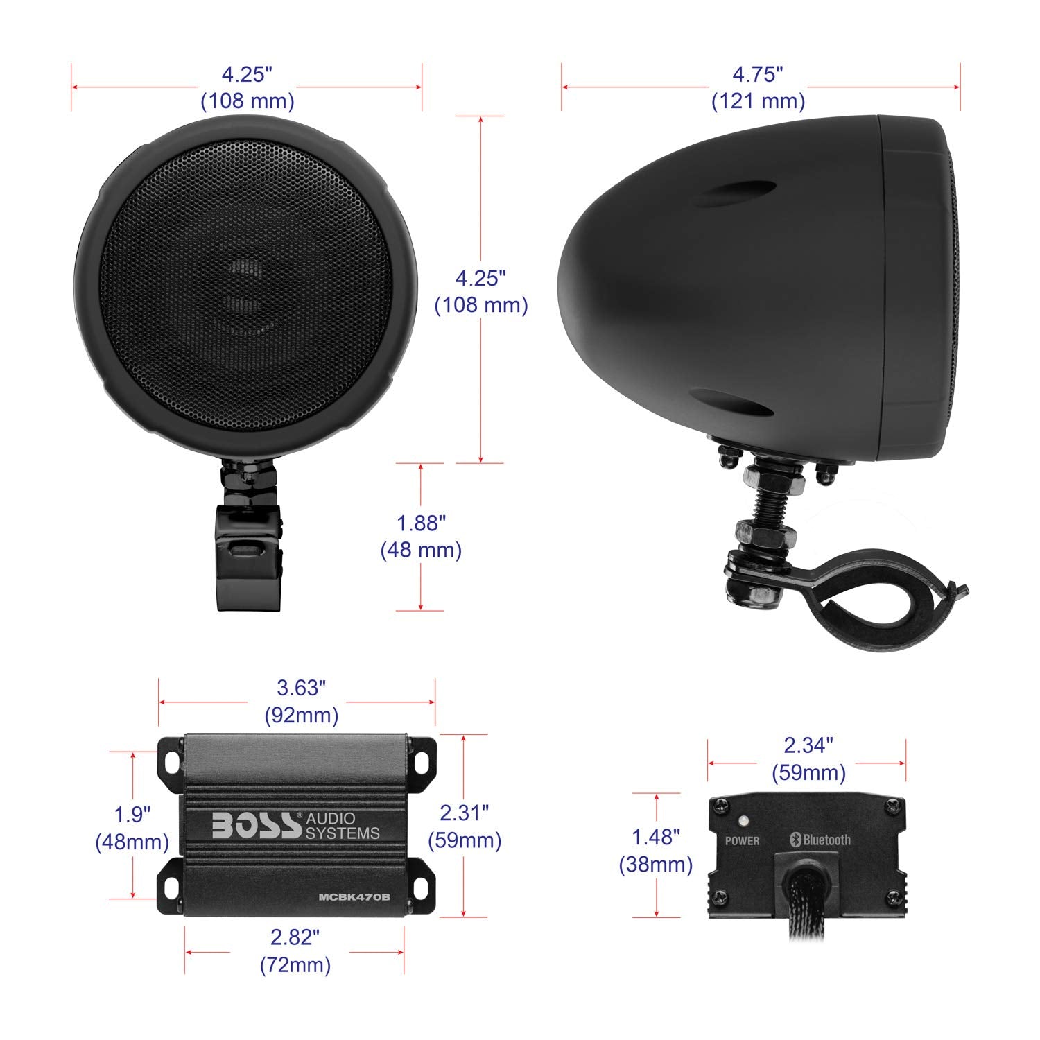 BOSS Audio MCBK470B Black 1000 Watt Motorcycle/ATV Sound System with Bluetooth Audio Streaming, Two Pairs of 3 Inch Weather Proof Speakers, Aux Input and Volume Control