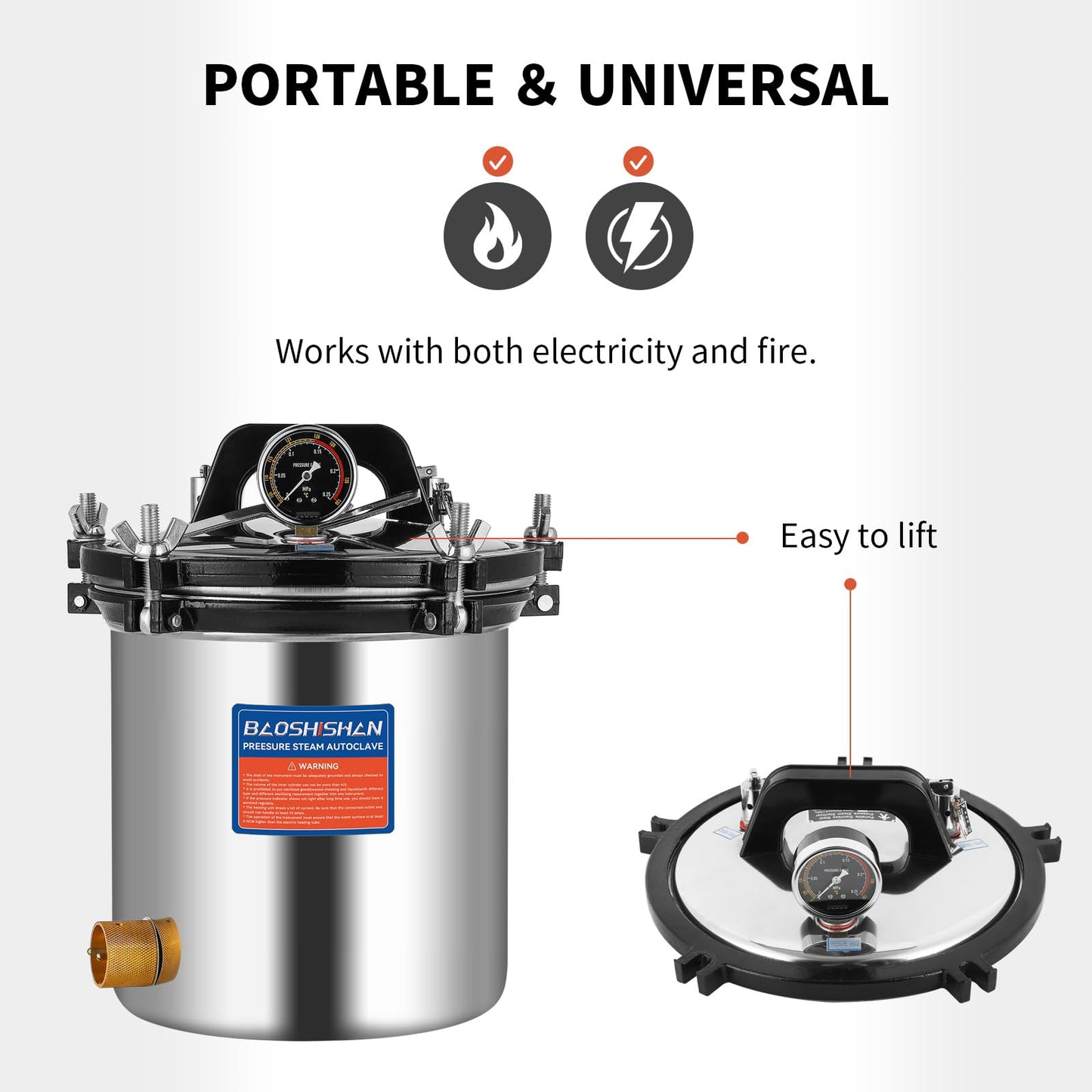 BAOSHISHAN Autoclave de vapor de 18 litros, 19 cuartos de galón de acero inoxidable, autoclave de presión portátil, 1 kW 110 V
