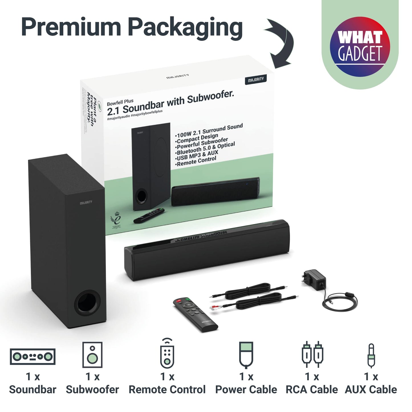 Barra de Sonido Bluetooth Mayoritaria Con Subwoofer | 100 Vatios Para TV | Estéreo 2.1 Con Reproducción Óptica, RCA, USB y AUX | Altavoz Bowfell Plus