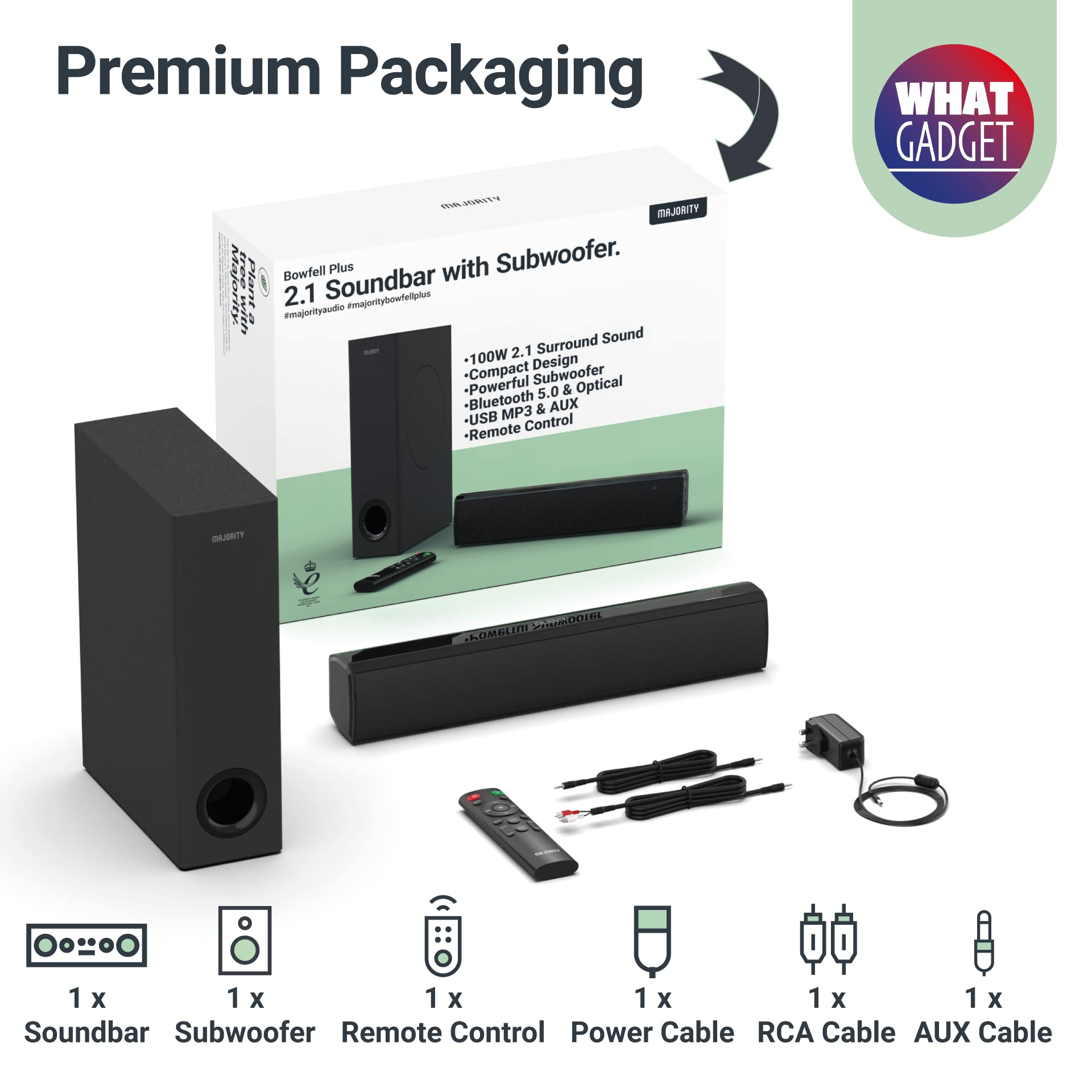 Barra de Sonido Bluetooth Mayoritaria Con Subwoofer | 100 Vatios Para TV | Estéreo 2.1 Con Reproducción Óptica, RCA, USB y AUX | Altavoz Bowfell Plus