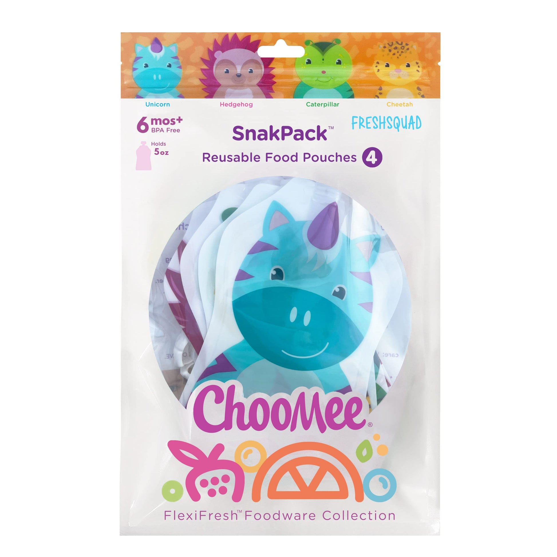 ChooMee - Juego de 4 bolsas de comida reutilizables (4 unidades, 5 oz), material suave + doble cierre, 4 tapones de válvula de cierre suave, Fresh Squad Set