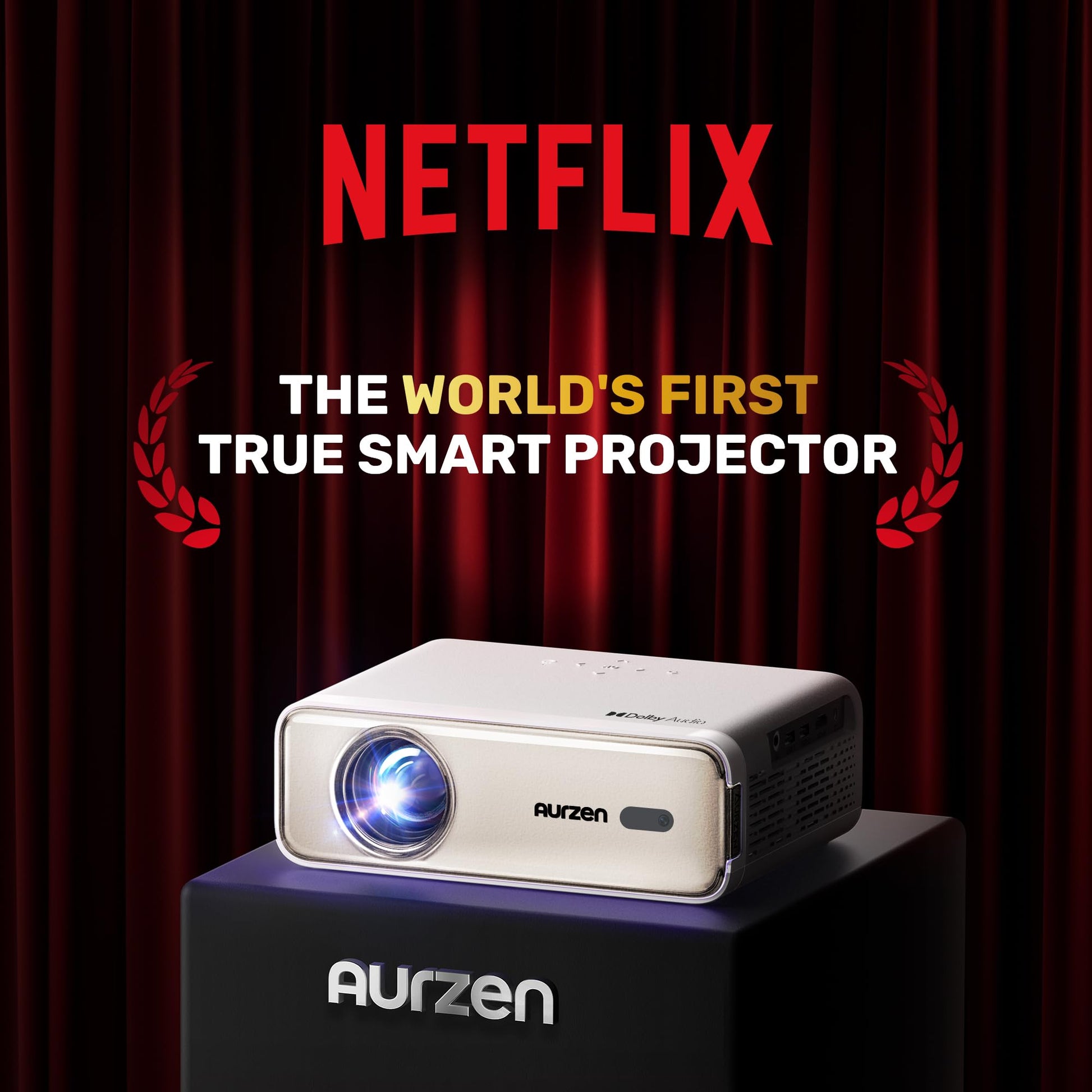 Aurzen EAZZE D1 Proyector inteligente con WiFi y Bluetooth, licencia oficial de Netflix, enfoque automático y piedra clave, audio DoIby, zoom, película nativa 1080P, mini proyector portátil para