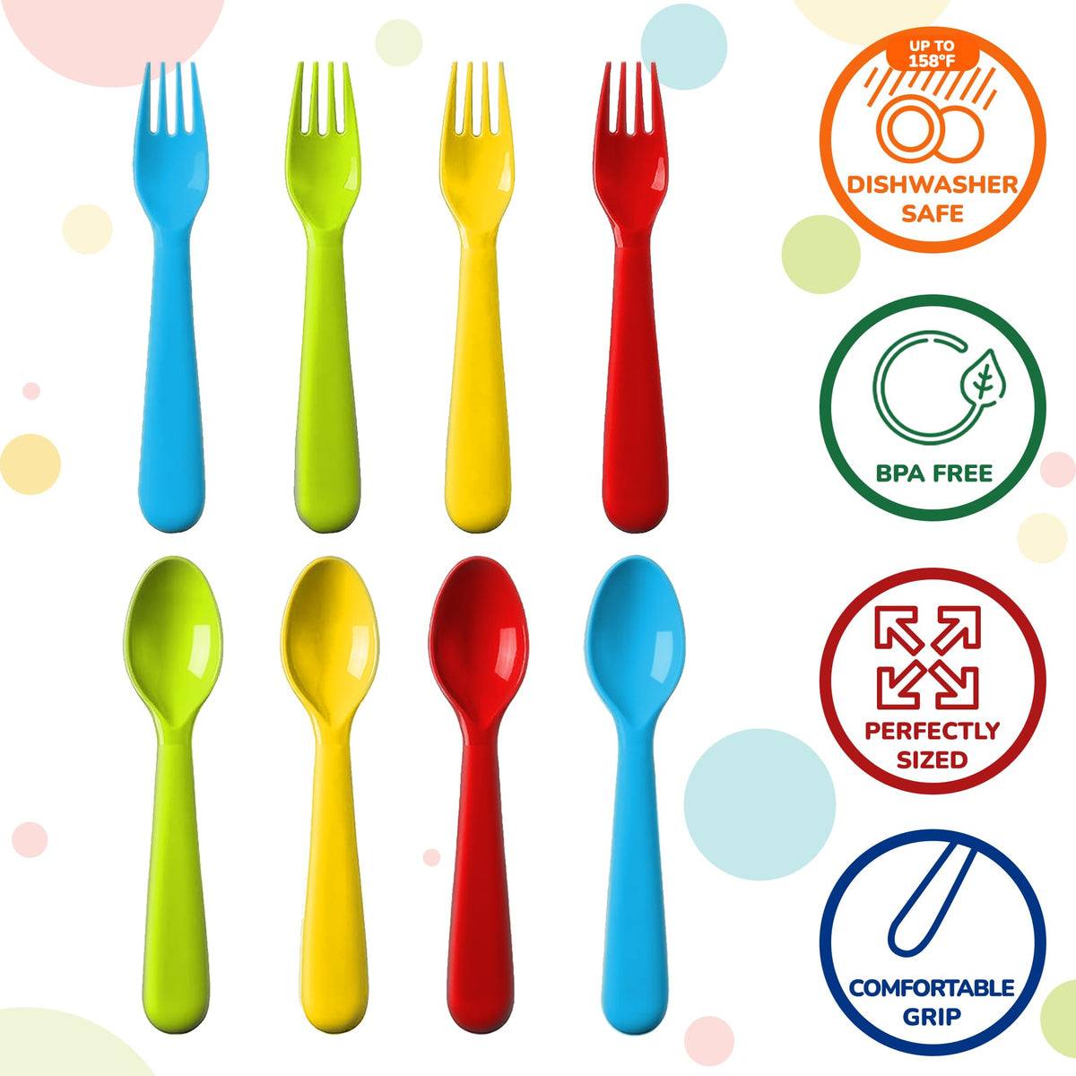 Plaskidy - Juego de utensilios de plástico para niños pequeños, 8 tenedores y 8 cucharas para niños, sin BPA, apto para lavaplatos, cubiertos de colores brillantes, ideal para niños pequeños