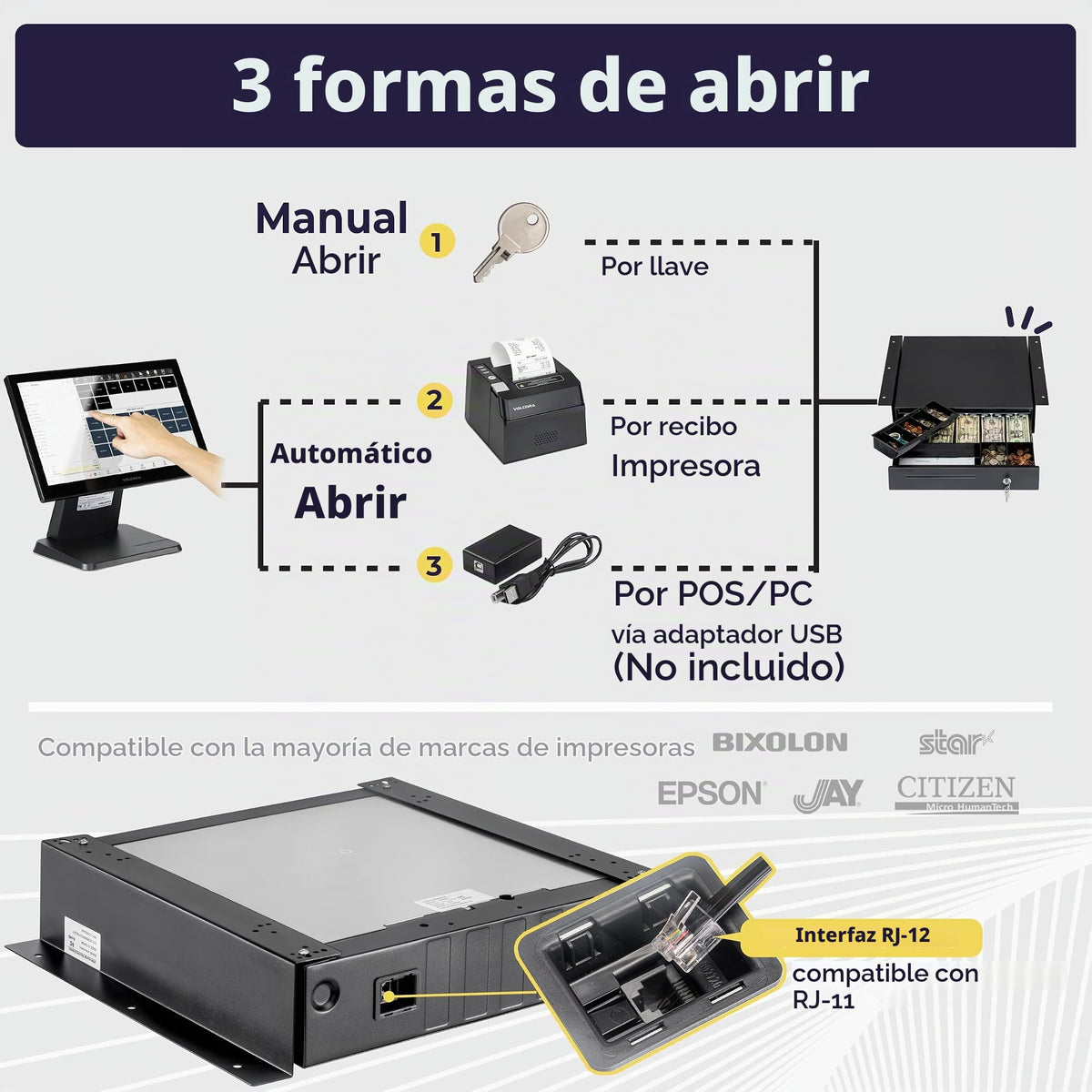Cajón Registradora Volcora Negro con Soporte de Montaje Debajo del Mostrador, 40.6 cm para POS, 5 Billetes y 6 Monedas