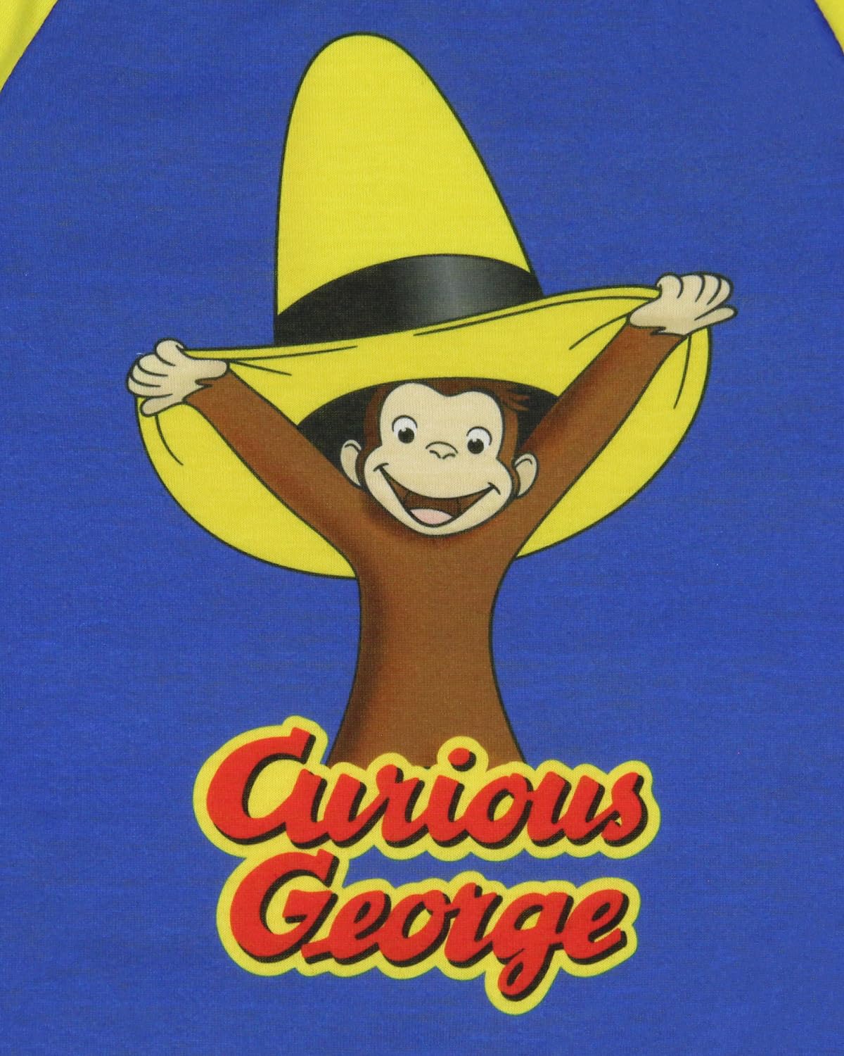 INTIMO Conjunto de pijama de 2 piezas para niños pequeños con manga larga y pantalón largo estilo raglán de Curious George Big Yellow Hat para niños y niñas, talla 4T