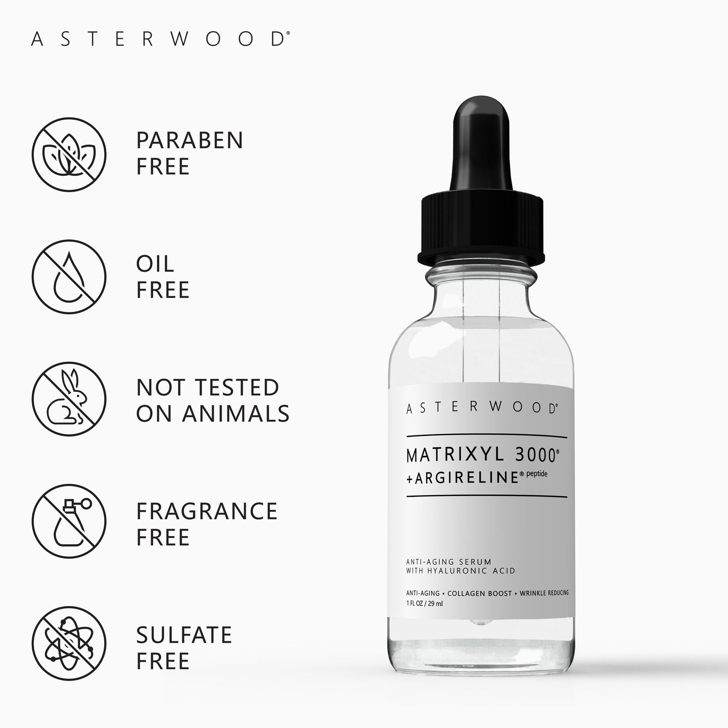 Asterwood Naturals | MATRIXYL 3000 y ARGIRELINE | Peptide Serum con Ácido Hialurónico Orgánico | 1 oz